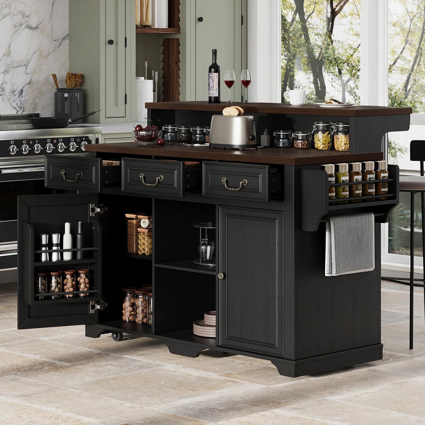 Merax 53.2" Two-Tier Kitchen Island with Storage, Farmhouse Kitchen Island with Power Outlet, 4 Door Shelves, Adjustable Shelves, 3 Drawers, Rolling Island Table, Bar Cabinet for Kitchen, Ash Black