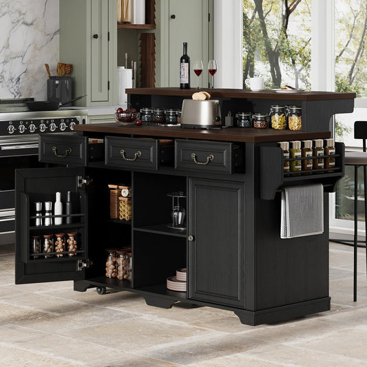 Merax 53.2" Two-Tier Kitchen Island with Storage, Farmhouse Kitchen Island with Power Outlet, 4 Door Shelves, Adjustable Shelves, 3 Drawers, Rolling Island Table, Bar Cabinet for Kitchen, Ash Black