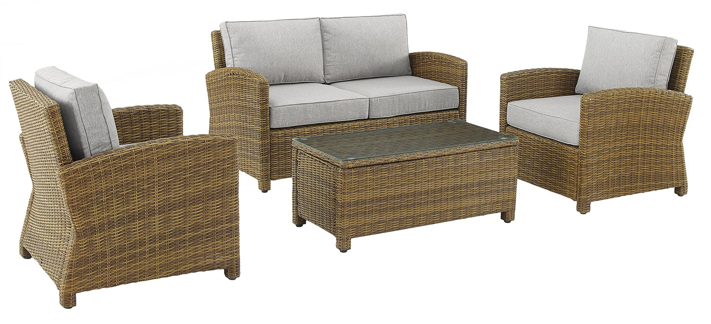 Crosley Furniture Bradenton 4-Piece Outdoor Loveseat Patio Furniture Set, Wicker Conversation Sets for Porch, Brown with Gray Cushions