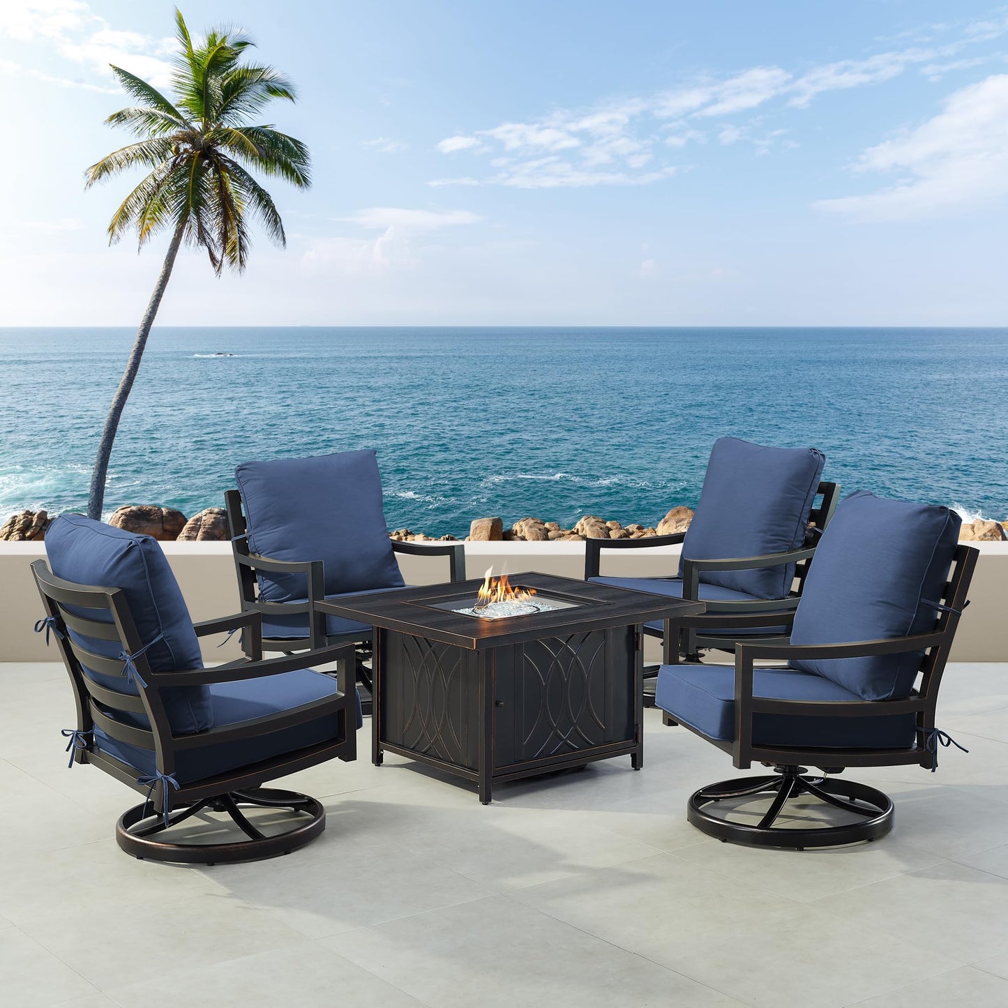 Oakland Living Black Aluminum Patio Fire Table Set with Four Club Chairs with Blue Cushions