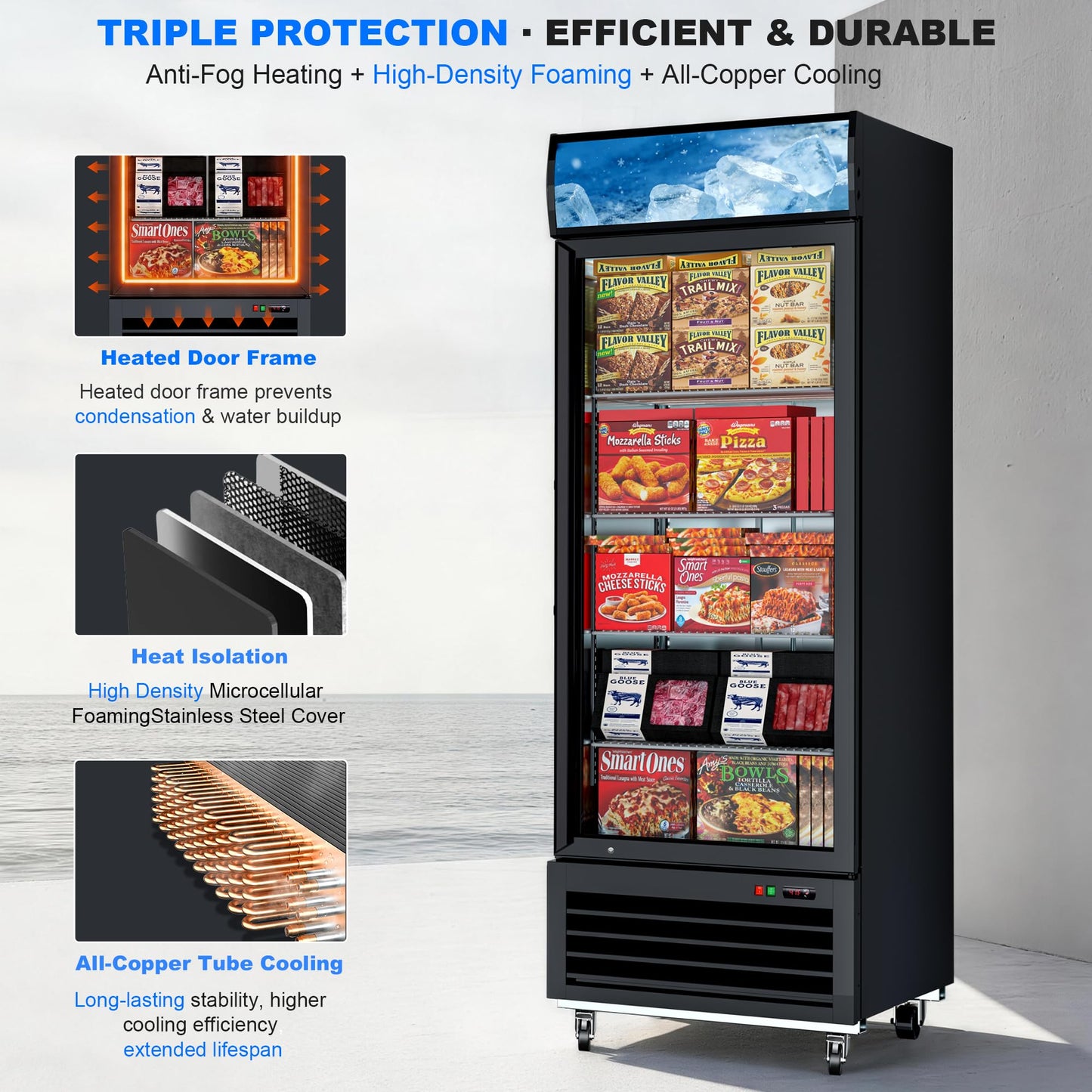 27" Single Door Commercial Display Freezer – 23 Cu.ft Capacity with Digital Temperature Control, Auto Defrost, Top Sign Panel, LED Lighting, Energy Efficient for Supermarket & Grocery Store