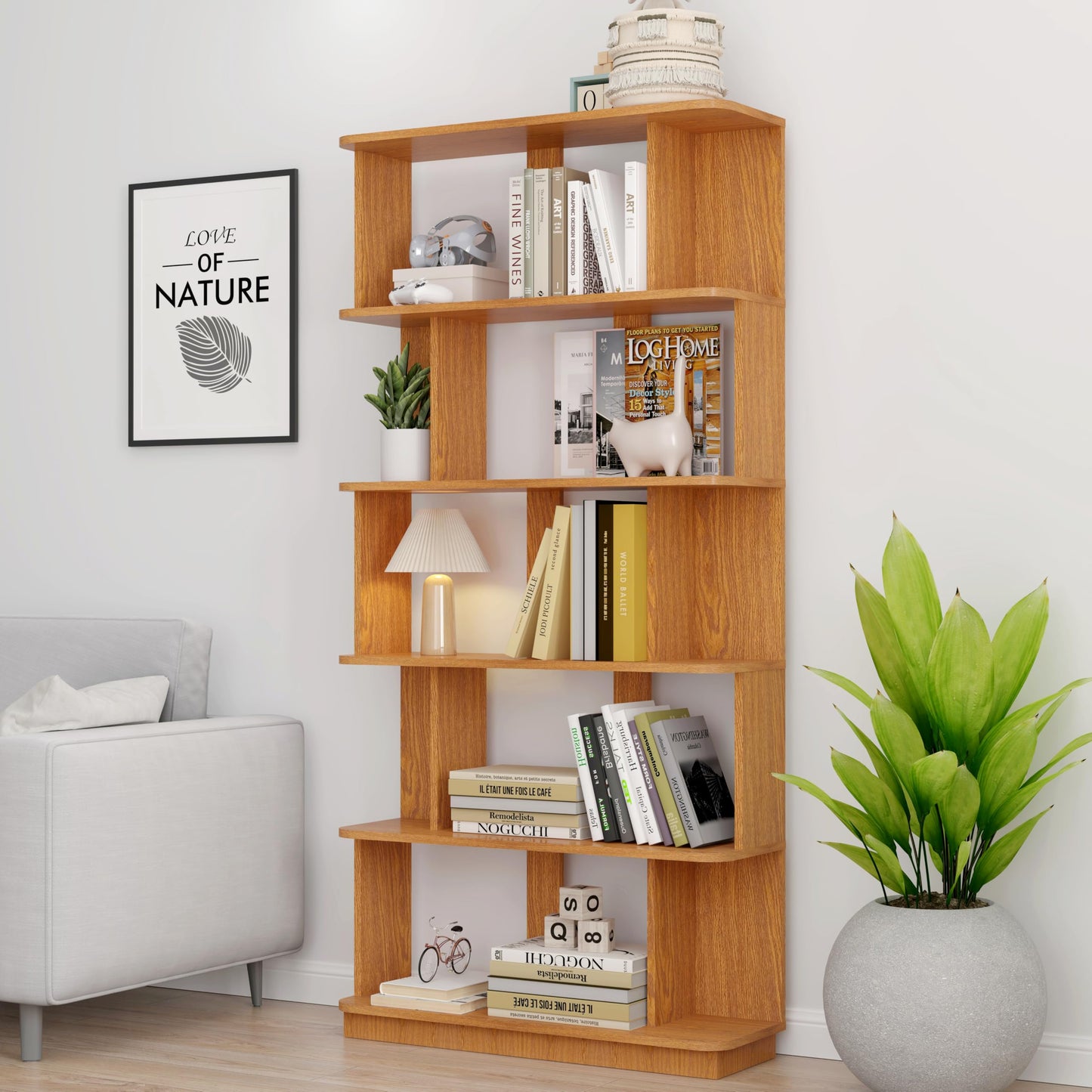 GDFStudio 65" H 6-Tier Bookshelf, Modern Freestanding Bookcase Shelves Organizer, Wood Book Shelf with Anti-Drop Panels, Open Back Display Storage Shelf Unit for Living Room Bedroom Office, Dark Oak