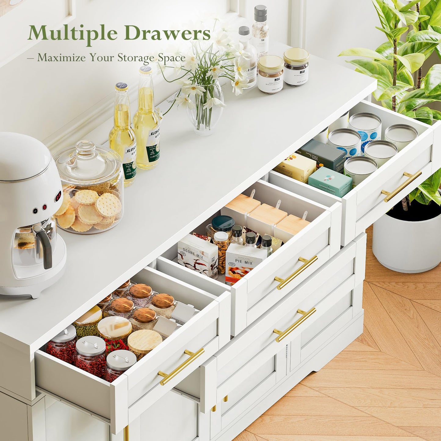 54" Storage Buffet Cabinet, Sideboards with Doors and Shelves, Small Coffee Bar Cabinet with 4 Drawers, Modern Kitchen Storage Cabinet for Living Room, White