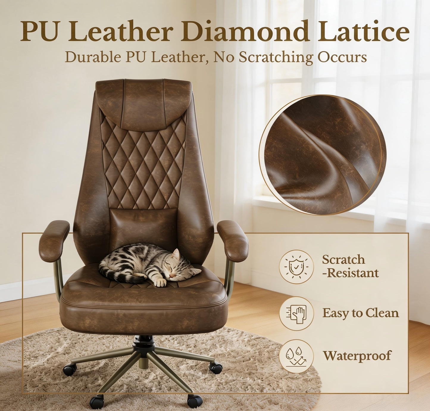Executive Office Chair, High Back Ergonomic PU Leather Desk Chair with Integrated Headrest & Lumbar Support, Adjustable Reclining Swivel Computer Chair for Home Office, Brown