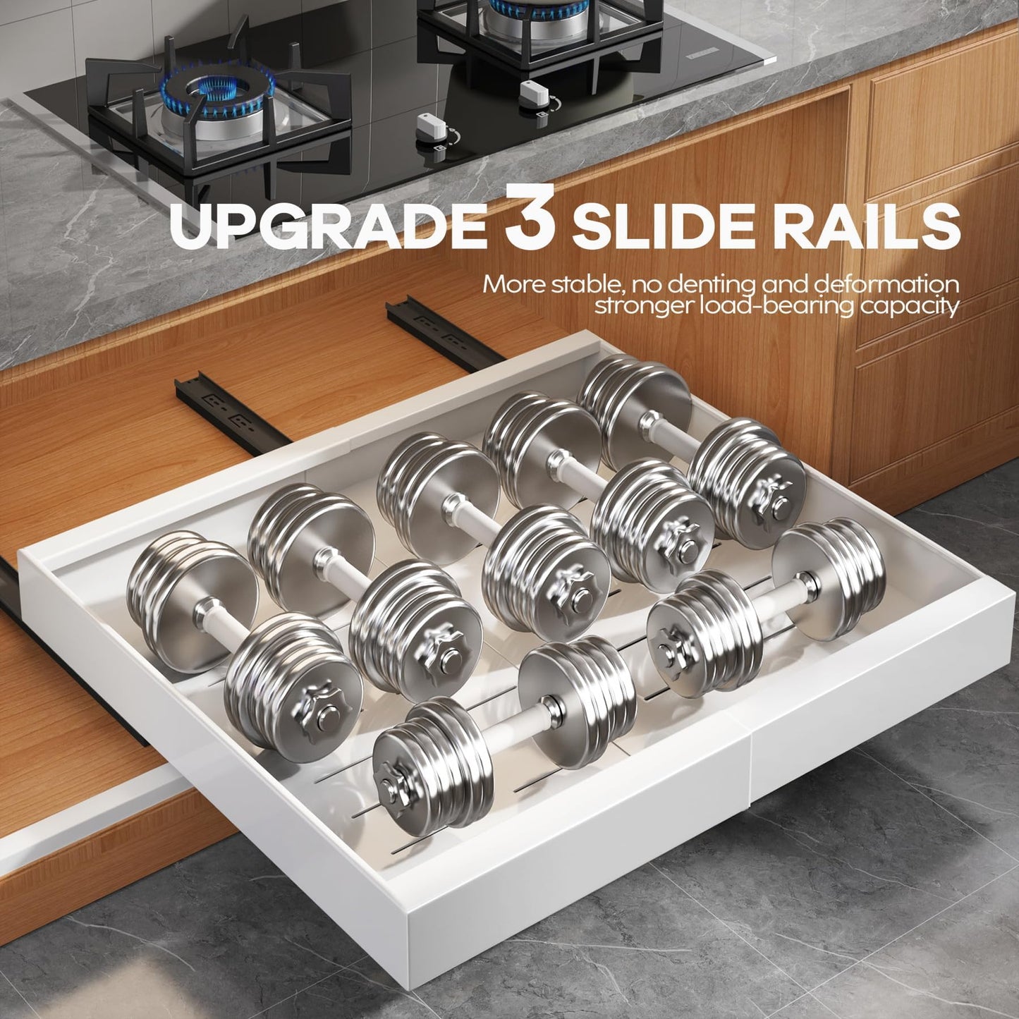 Seinloes 4 Pack Expandable (15.1"-26.3") Pull Out Cabinet Organizer 21" Deep With Raising Pad for Framed Cabinets,Upgrade 3 Slide Rails Slide Out Drawers,No Drill Roll Out Shelves Adhesive,White