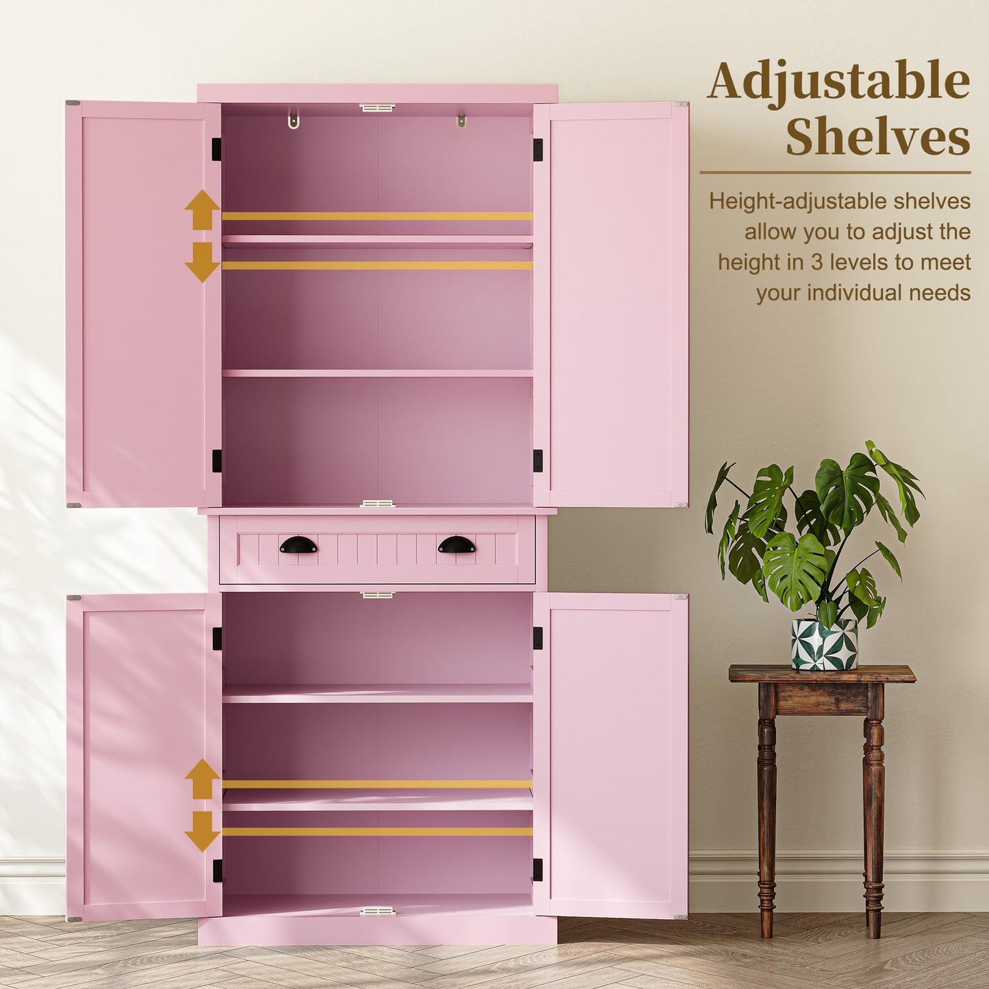 ARTPOWER 72" Tall Kitchen Pantry Storage Cabinet with Drawer and Adjustable Shelves, Pantry Cabinet for Kitchen, Bathroom or Hallway, Pink