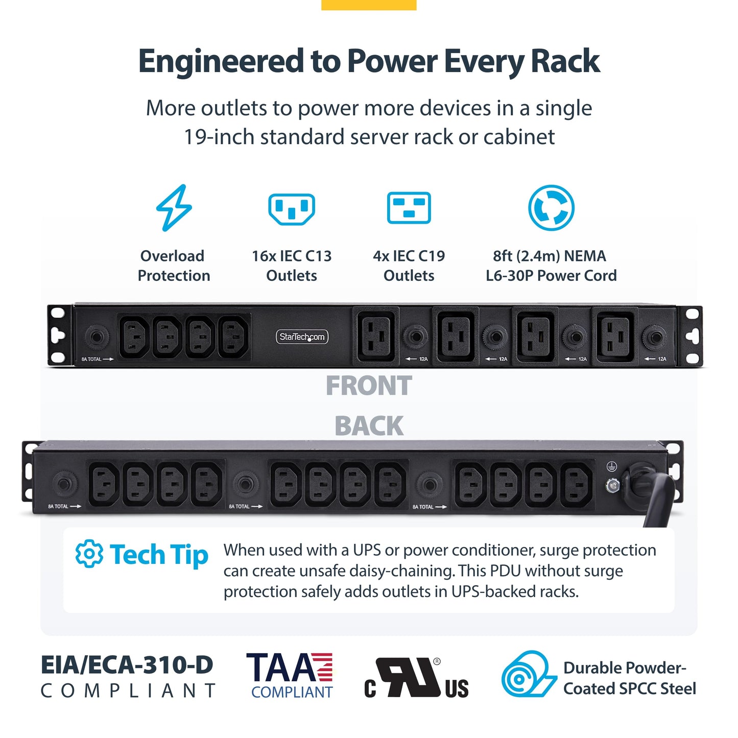 StarTech 20-Outlet Rackmount PDU, 1U Server Power Strip, 16x C13 + 4X C19, 8X Front and 12x Rear Outlets, NEMA L6-30P Wall Connection, 30A/240V, UL-Listed, TAA