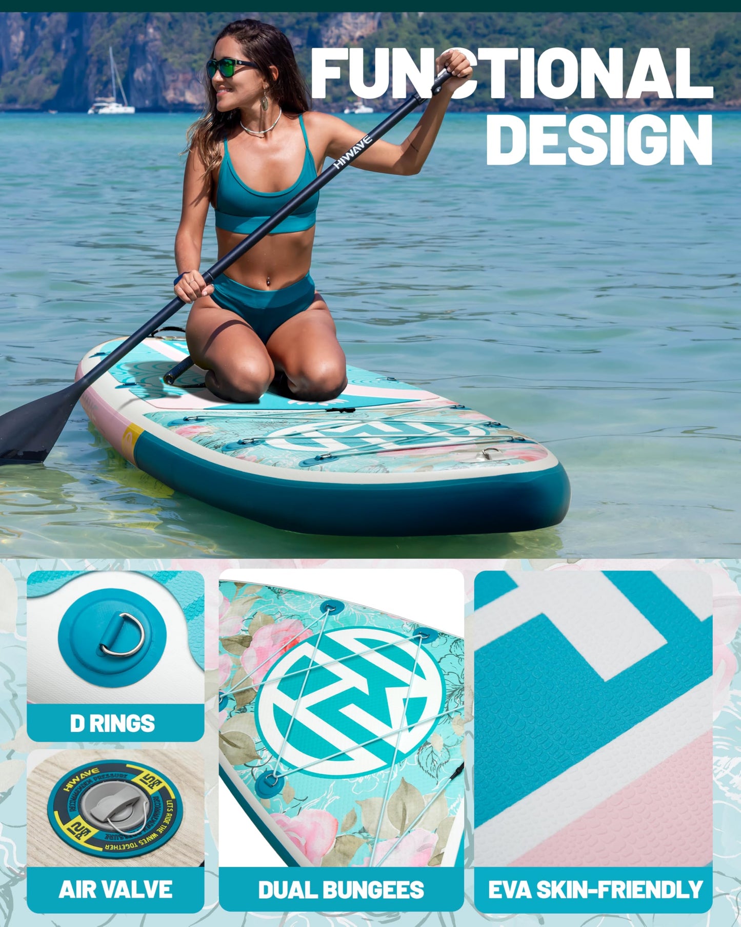 Hiwave Inflatable Paddle Board 11 '* 34 "* 6" Extra Wide Sup Board, 420lb Capicity Paddle Board for Adults, Suitable for Sea and Lakes, 2+1Family Board Green Pink
