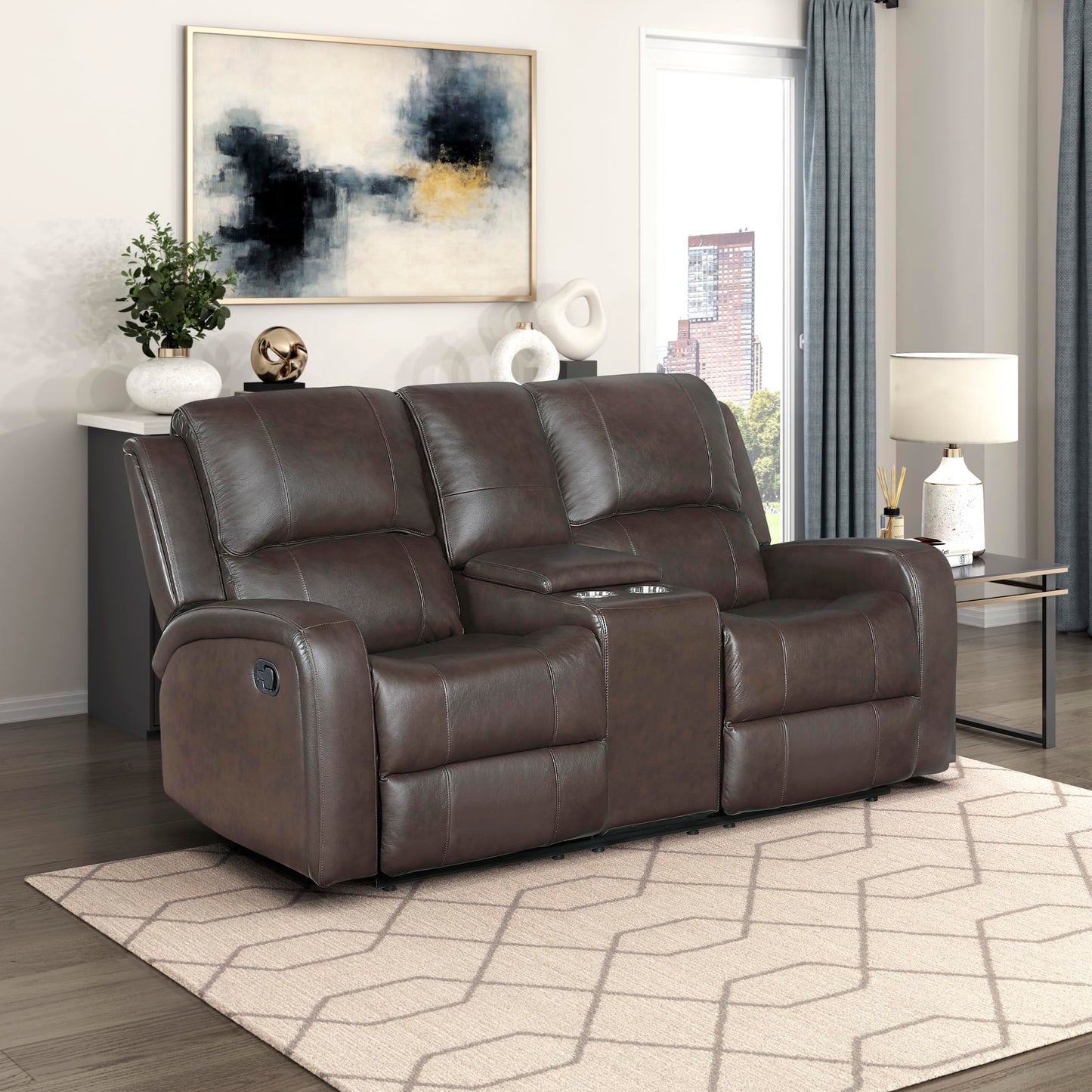 Lexicon Manual Double Reclining Loveseat with Center Console, Top Grain Leather Match Wall Hugger Recliner Loveseat, Storage, Cup Holders, High Density Foam Over Pocket Coils, for Living Room, Brown