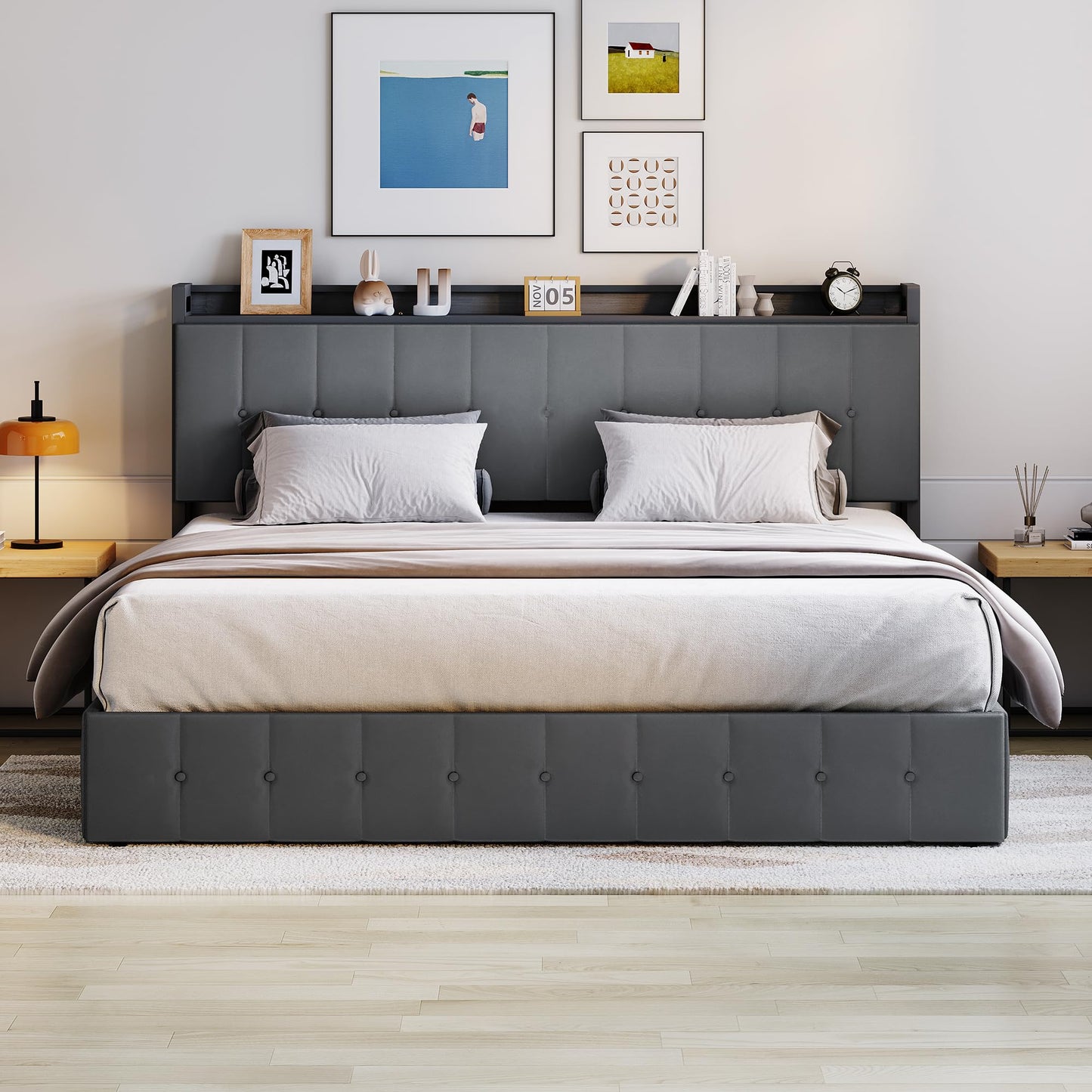 Garvee King Size Lift Up Storage Bed, Upholstered Velvet Bed Frame with Storage Headboard, Metal Platform Bed, No Box Spring Needed, Solid Wooden Slats, Noise Free, Grey