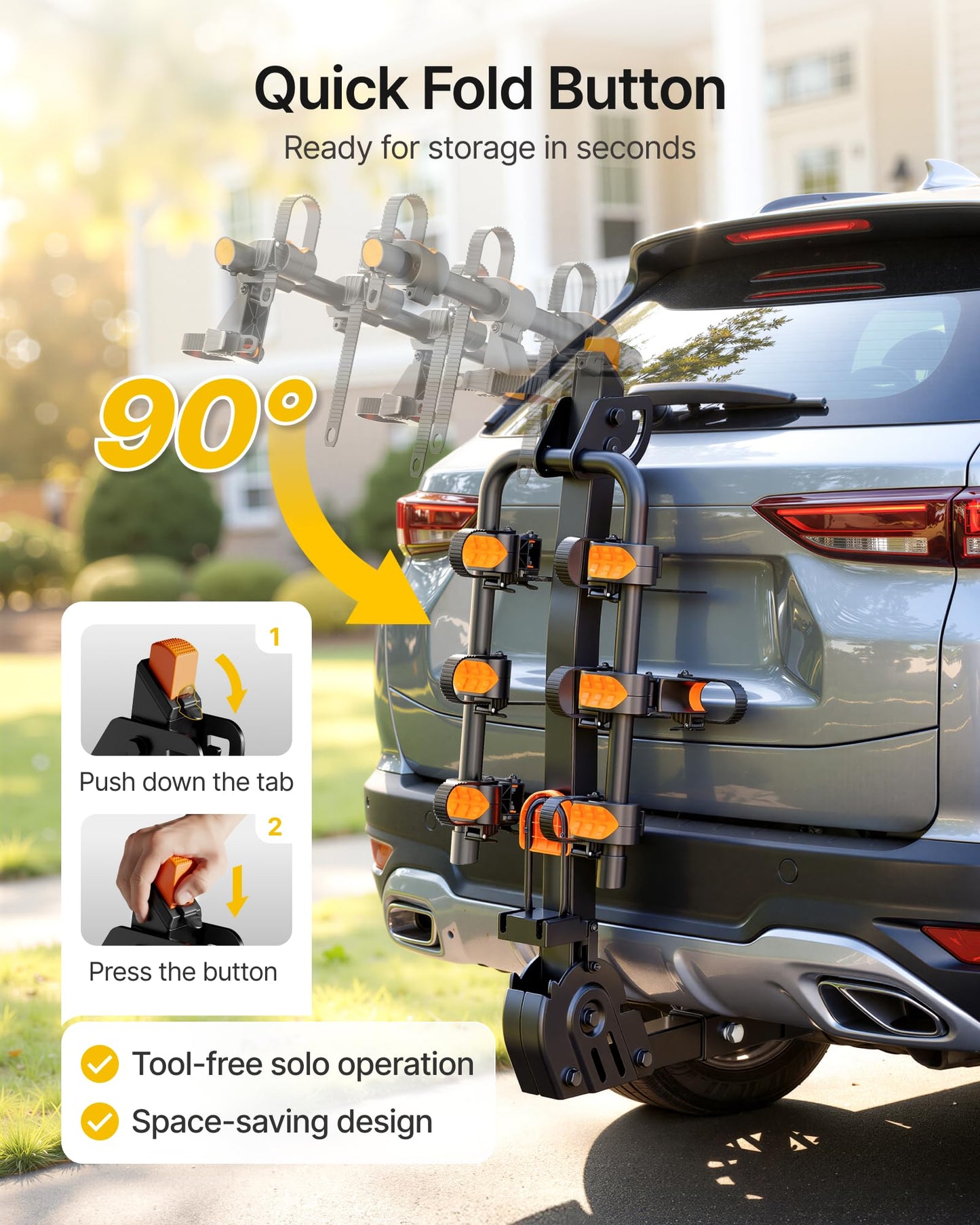 monTEK Premier Locking Quick Release 3-Bike Rack for Cars, Trucks, SUVs with 2” Hitch, Quick Foldable & Tiltable Bike Rack Hitch,3mm Thick Heavy-Duty Steel Frame&High-Secure Straps Hitch Bike Rack
