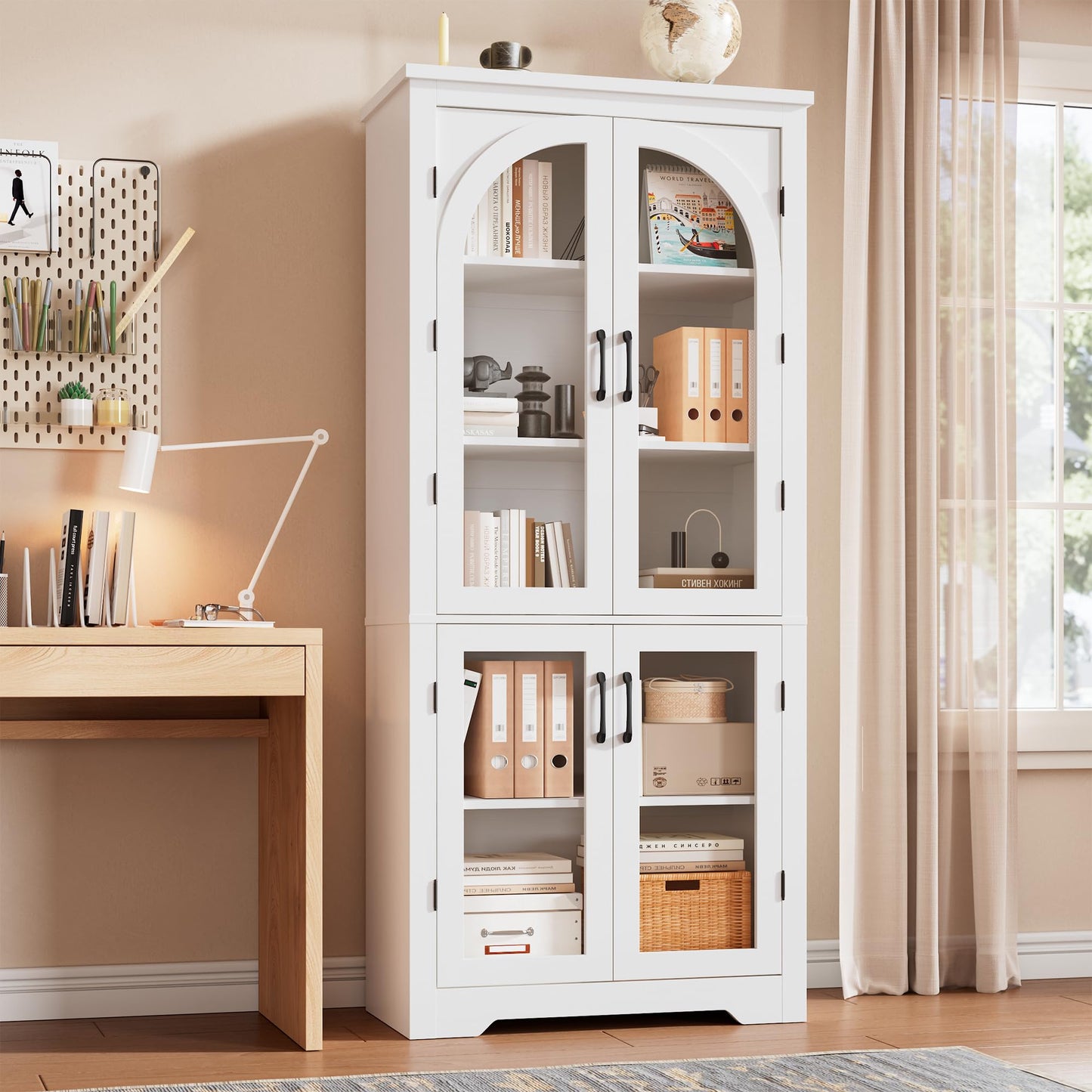 Garvee 70" Tall Kitchen Pantry Cabinet - Modern Display Cabinet with 4 Arched Glass Doors and Adjustable Shelves, Versatile Cupboard Organizers for Kitchen, Dining Room, Living Room, Bathroom, White