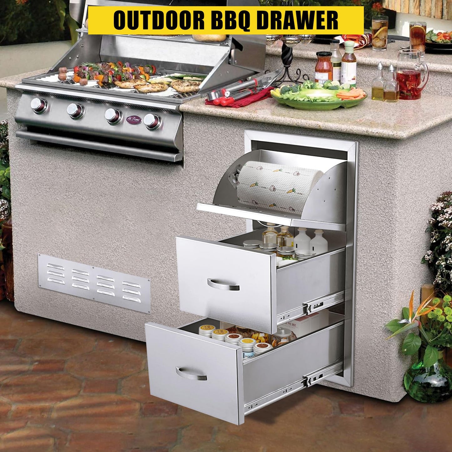 GarveeLife 17W x 30H x 21D Inch Outdoor Kitchen Drawers w/Paper Towel Holder, Stainless Steel Triple BBQ Drawers, Access BBQ Drawers for Outdoor Kitchen Island or Grill Station