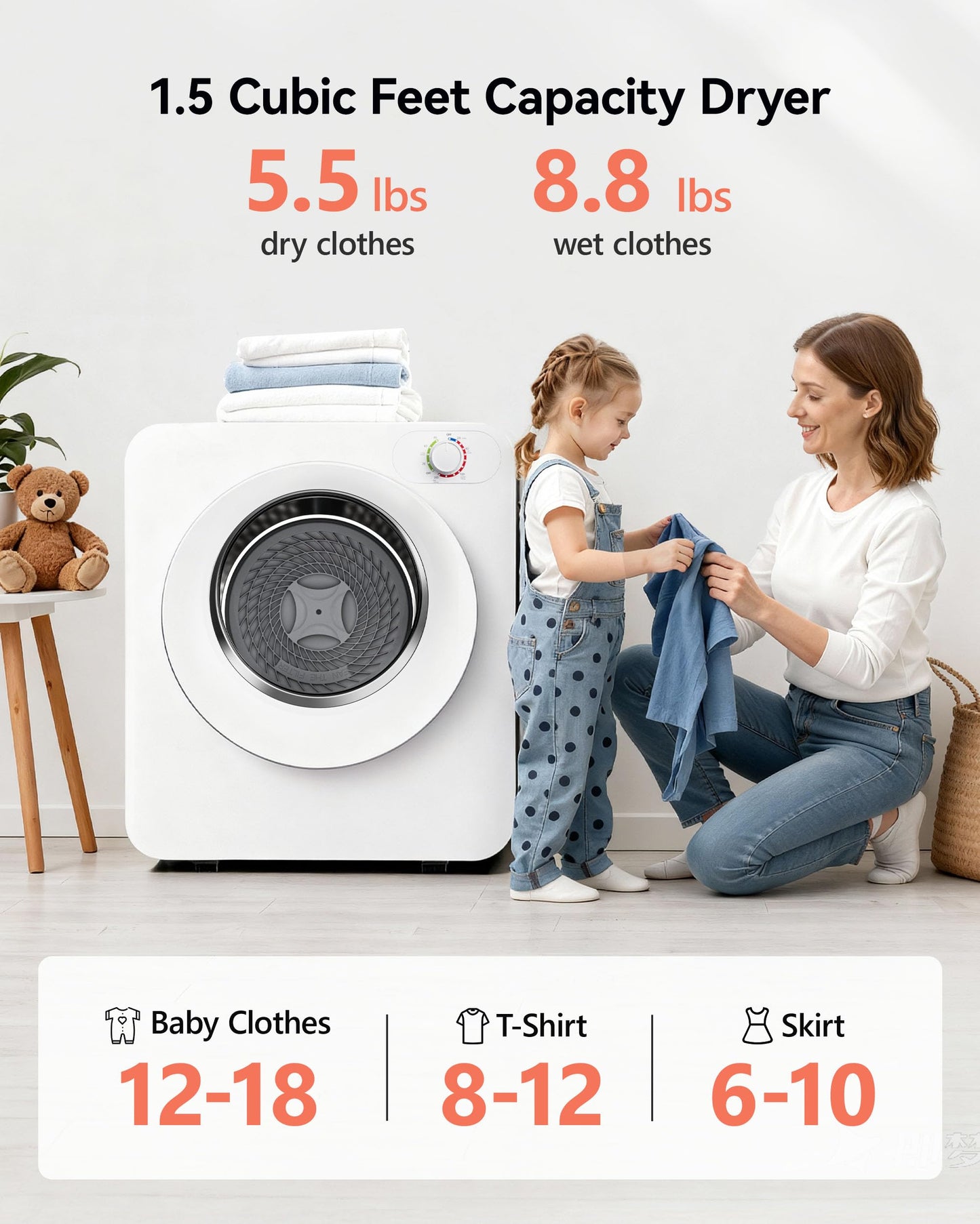 Euhomy Portable Clothes Dryer, 1.5 Cu.Ft. Portable Dryer, 850W Drying Machine with Front-Loading Stainless Steel Drum, 5 Functions, Suitable for Apartments, Dorms, RVs, Small Spaces