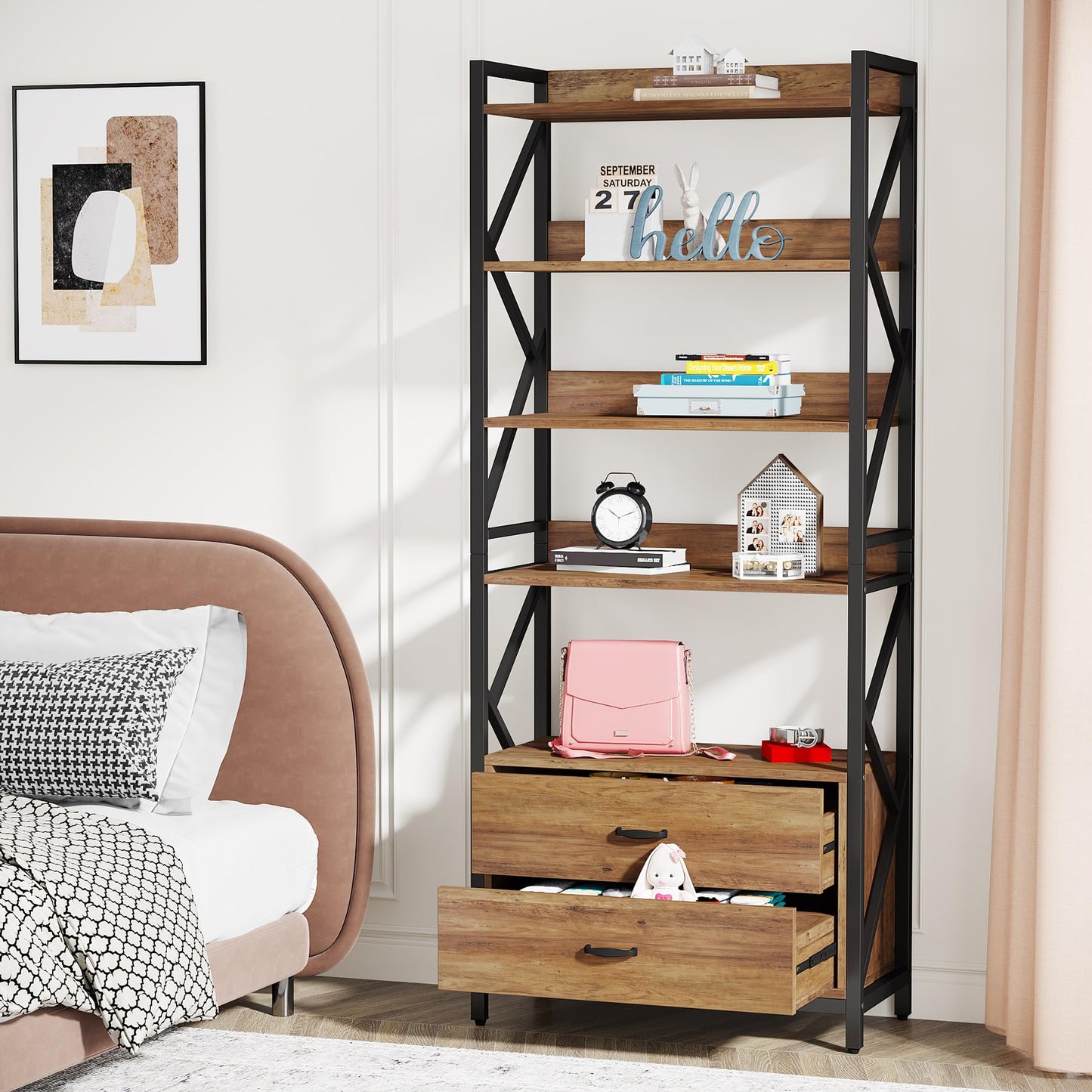 Tribesigns Bookshelf with Drawers, 70.8" Industrial Bookcase with 2 Drawers, 5 Shelf Open Shelf for Storage, Wood Book Shelf for Living Room, Bedroom, Home, Office (1, Rustic Brown)