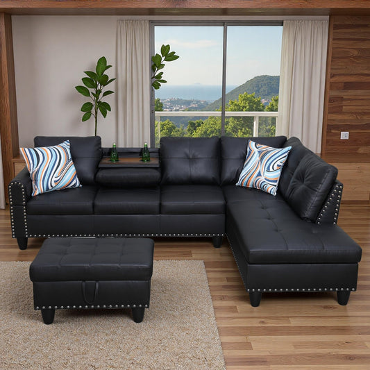Topcomfy Sectional Couches for Living Room with Movable Chaise & Storage Ottoman - 97.5" Leather L Shaped Couches for Living Room Apartment, Home Modular Sectional Sofas with Cup Holder, Black