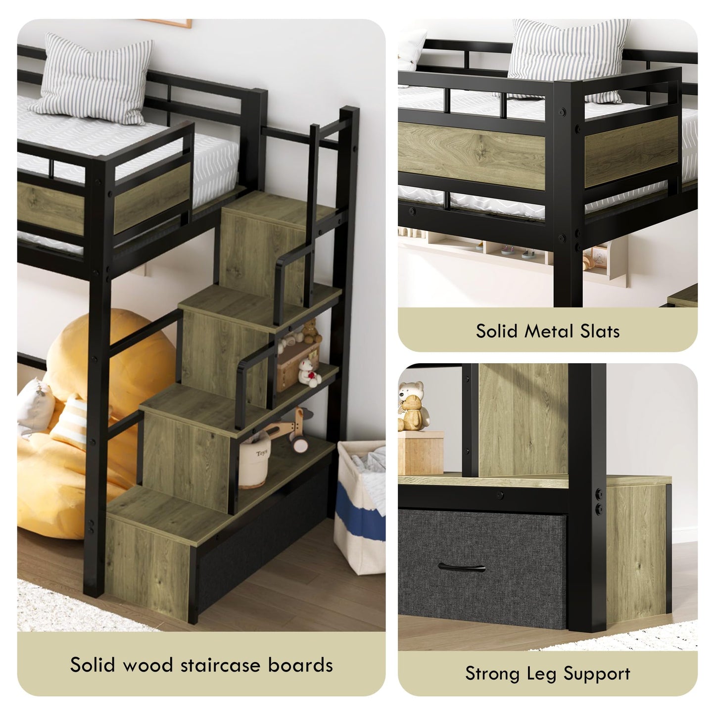 SDHYL Twin Size Loft Bed, with Storage Stairs & Drawers,Space-Saving Heavy-Duty Metal Bed Frame, No Box Spring Needed, Ideal for Dorms and Small Rooms, Easy Assembly, Black