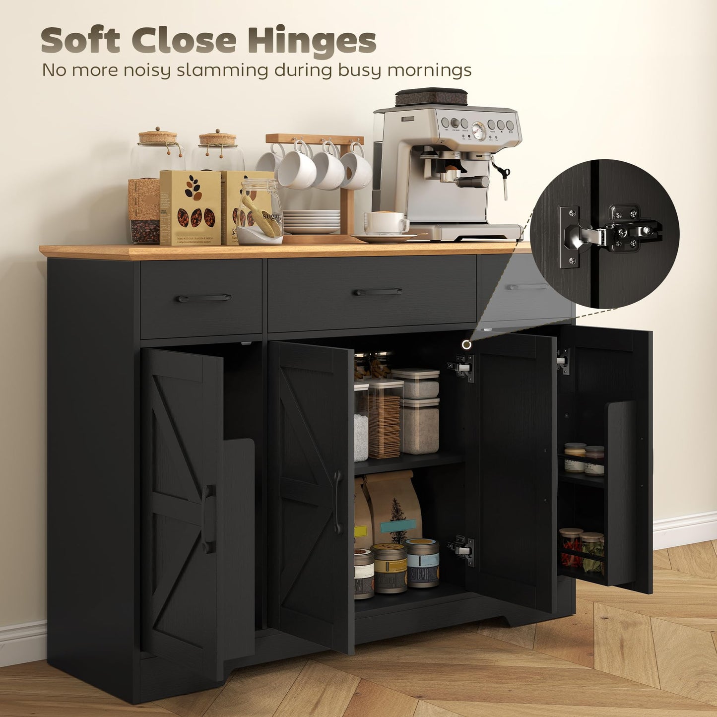 HOMCOM 47" Sideboard Buffet Cabinet, Farmhouse Credenza with Soft-Close Hinges, Coffee Bar Cabinet with Spice Racks, 3 Drawers and 3 Adjustable Shelves, Black