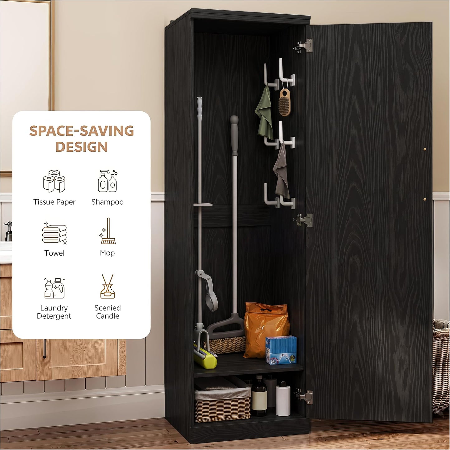 Homiflex Broom Closet Storage Cabinet, 65" H Slim Utility Closet with Door and Shelf, Tall Vacuum Storage Cabinet with Hooks for Cleaning Tool, Broom Closet Organizer for Bathroom, Garage, Black