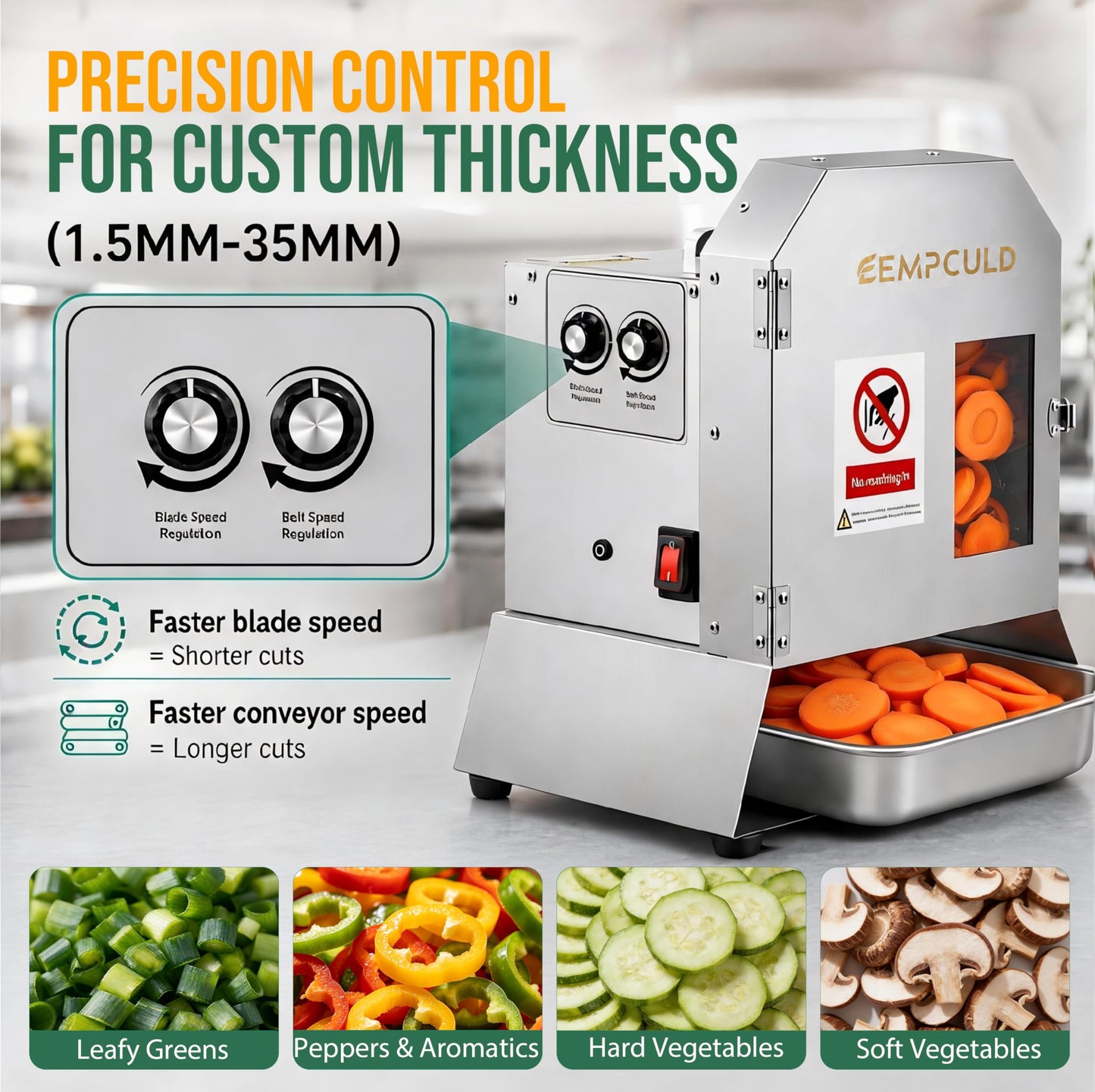EMPCULD Electric Vegetable Slicer, 300W High-efficiency Automatic Fruit Slicer, 1-35mm Adjustable Thickness Vegetable Cutter for Home and Commercial Use, Track and Blade Rotation Speed Adjustable