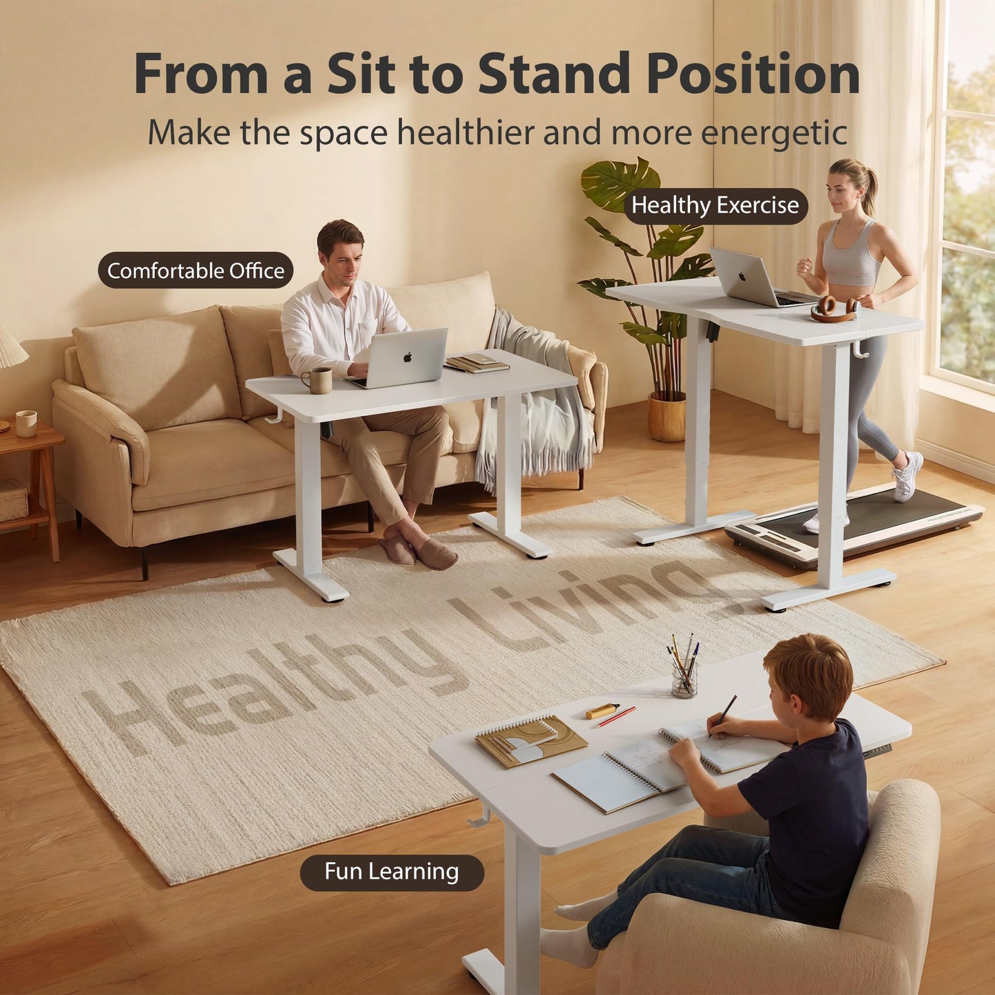 Cubiker Standing Desk, 63x28 Inches Sit Stand Home Office Desk, Electric Stand up Desk, Adjustable Desk with Splice Board, White Frame/White Top