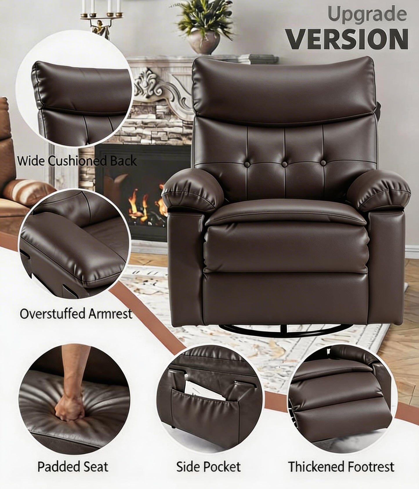 Garvee Oversized Swivel Rocker Recliner Chair - Heat and Massage, Leather Manual Recliner for Adults, Lazy Chair with Comfort Arms and Back Single Sofa for Living Room