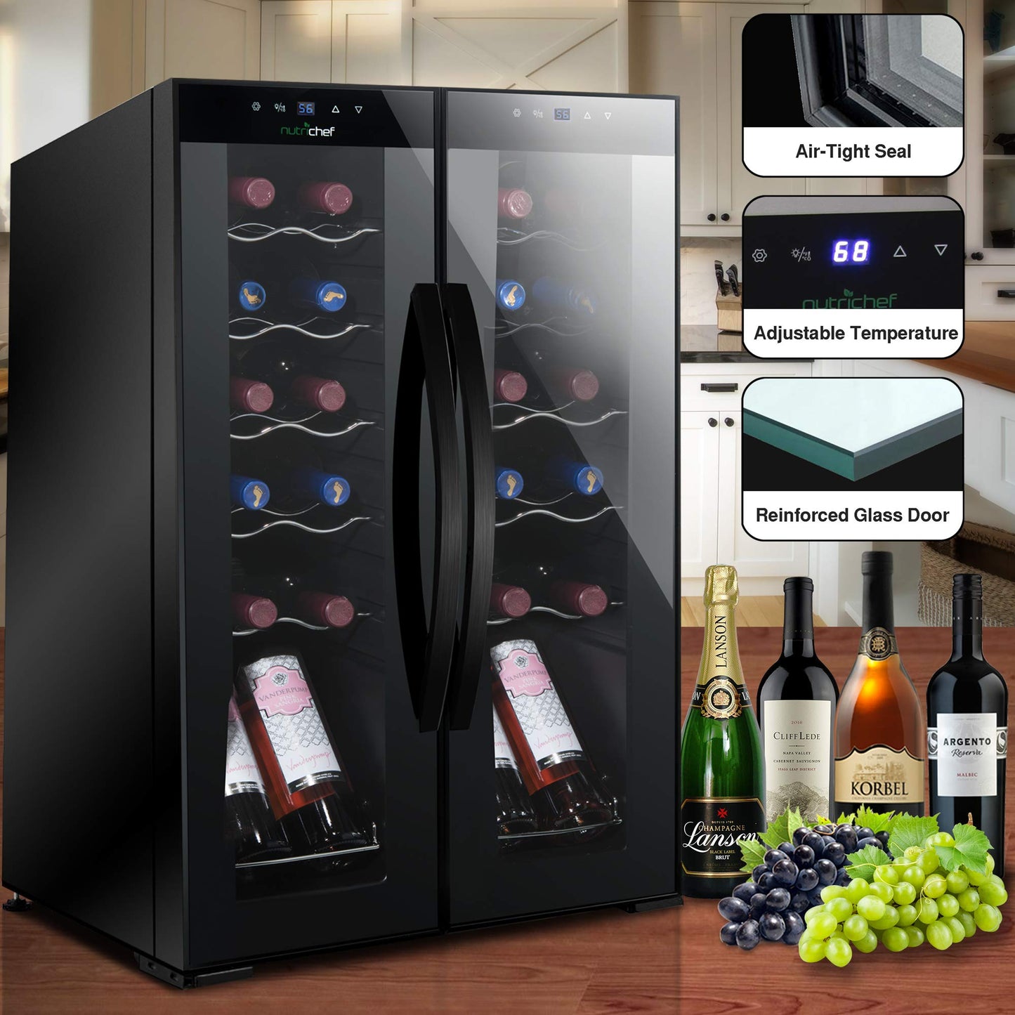 Nutrichef 24 Bottle Wine Fridge | Dual Zone Wine Chiller | Adjustable Temperature 41°F to 64°F | Ultra Quiet Operation | Wine Cooler For Home & Office | Free Standing 31x19x20 IN | Black