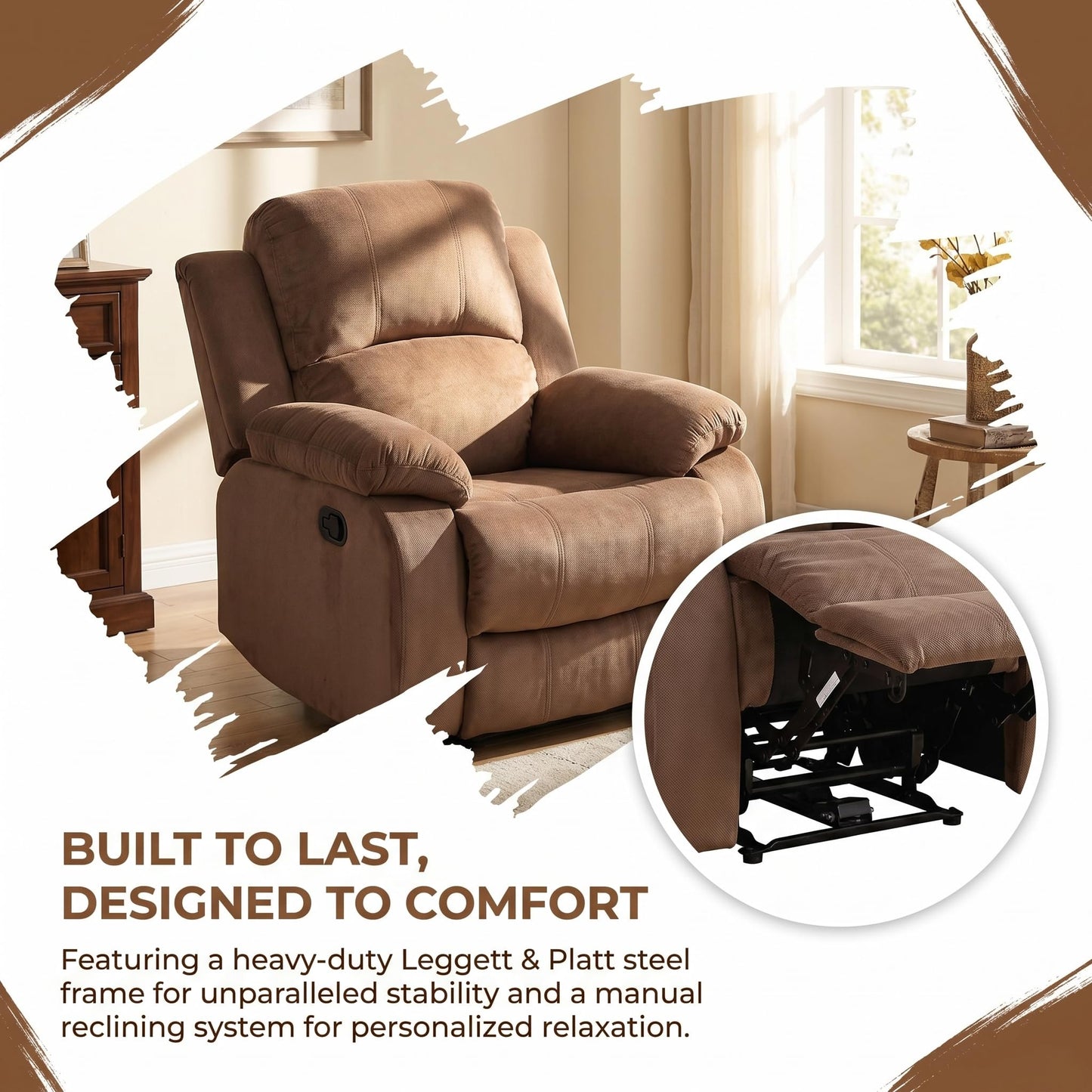 Trygoal Manual Recliner Chair, Nursery Rocking Chair, Velvet Recliner Chair for Adults, Lazy Boy, Gaming Recliner wih Overstuffed Arms, Suitable for Home Theater, Living Room, Bedroom, Brown