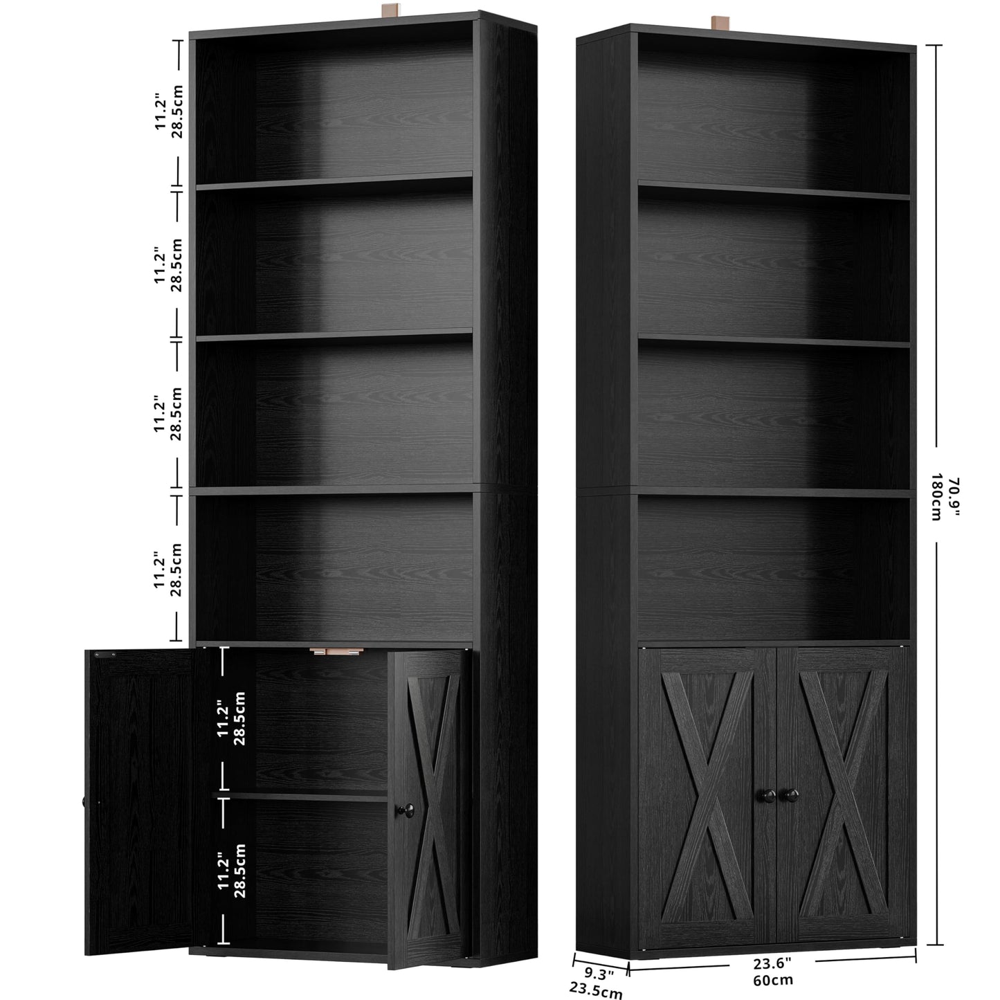 IRONCK Industrial Bookshelves and Bookcases with Doors Set of 2 Floor Standing 6 Shelf Display Storage Shelves 70 in Tall Bookcase for Home Office, Living Room