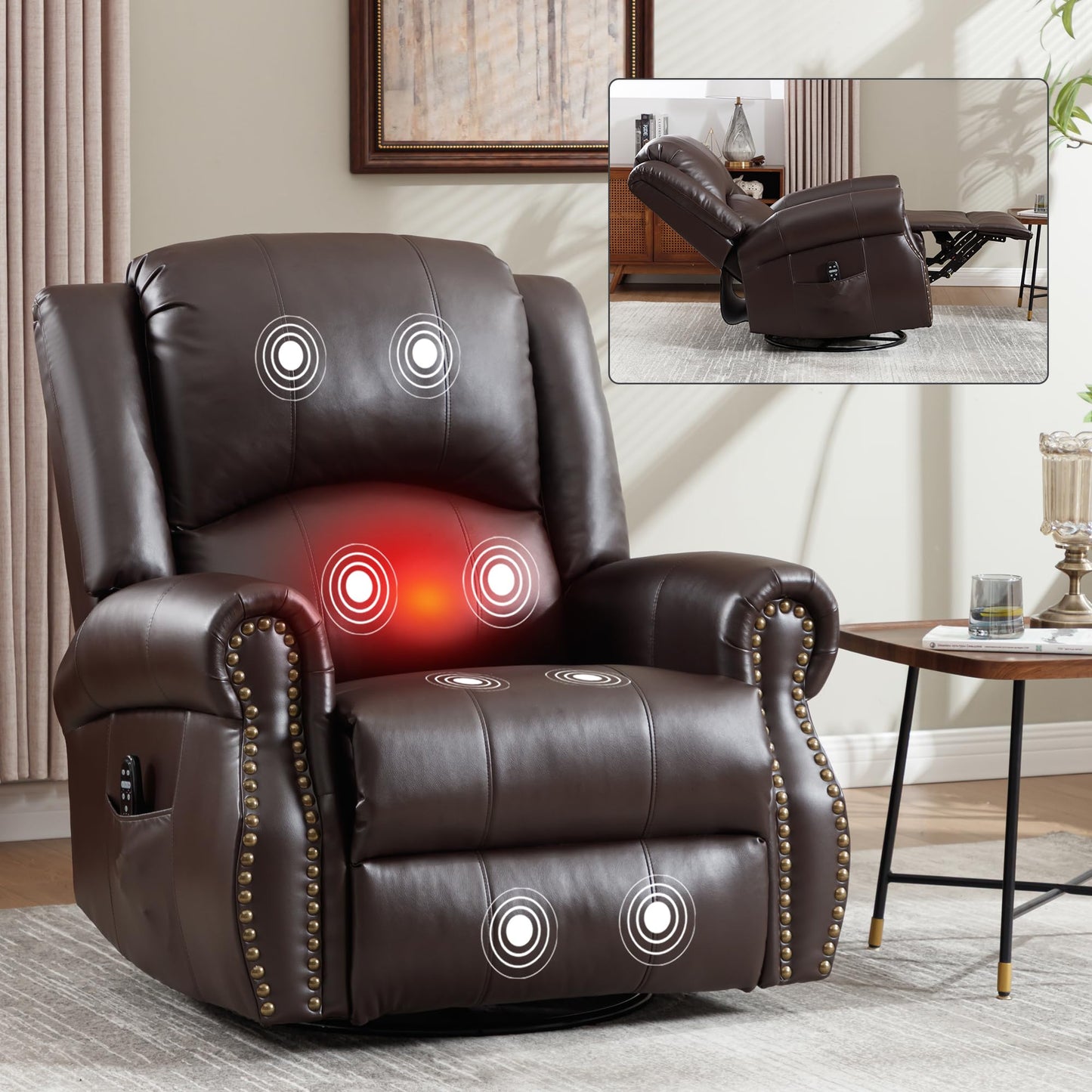 GDFStudio Heat Massage Swivel Rocker Recliner Chair, Manual Fabric Recliner with 360° Swivel, Rocking Function, Lumbar Heat and 8-Point Massage, Overstuffed Living Room Reclining Chair, Brown