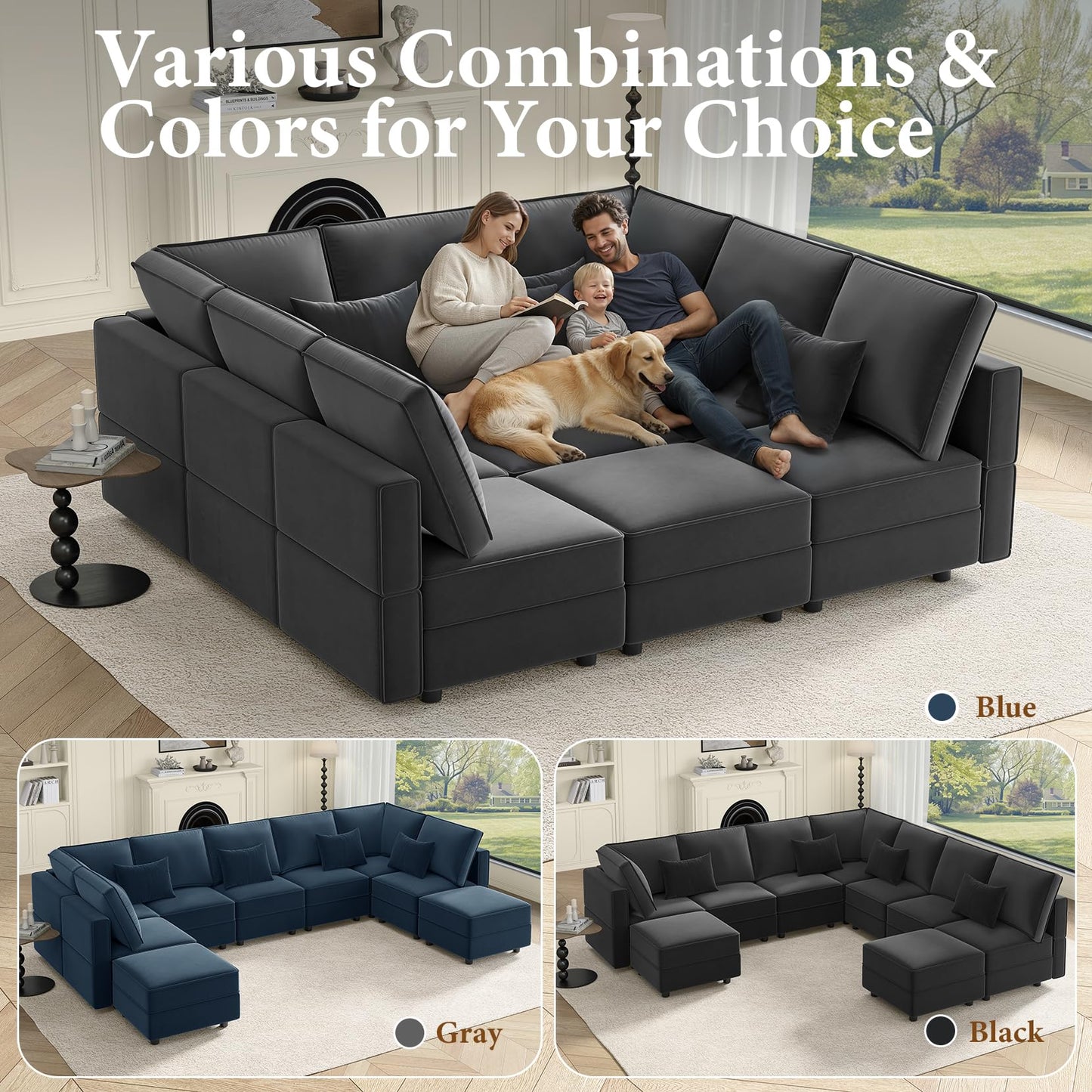 Vesgantti Modular Sofa Bed with Storage, 92" Sleeper Sofas with 9 Seats Storage Chaises Removable Cover, Luxury Large Velvet Sectional Couch Set for Living Room, Apartment, Home Theater, Gray