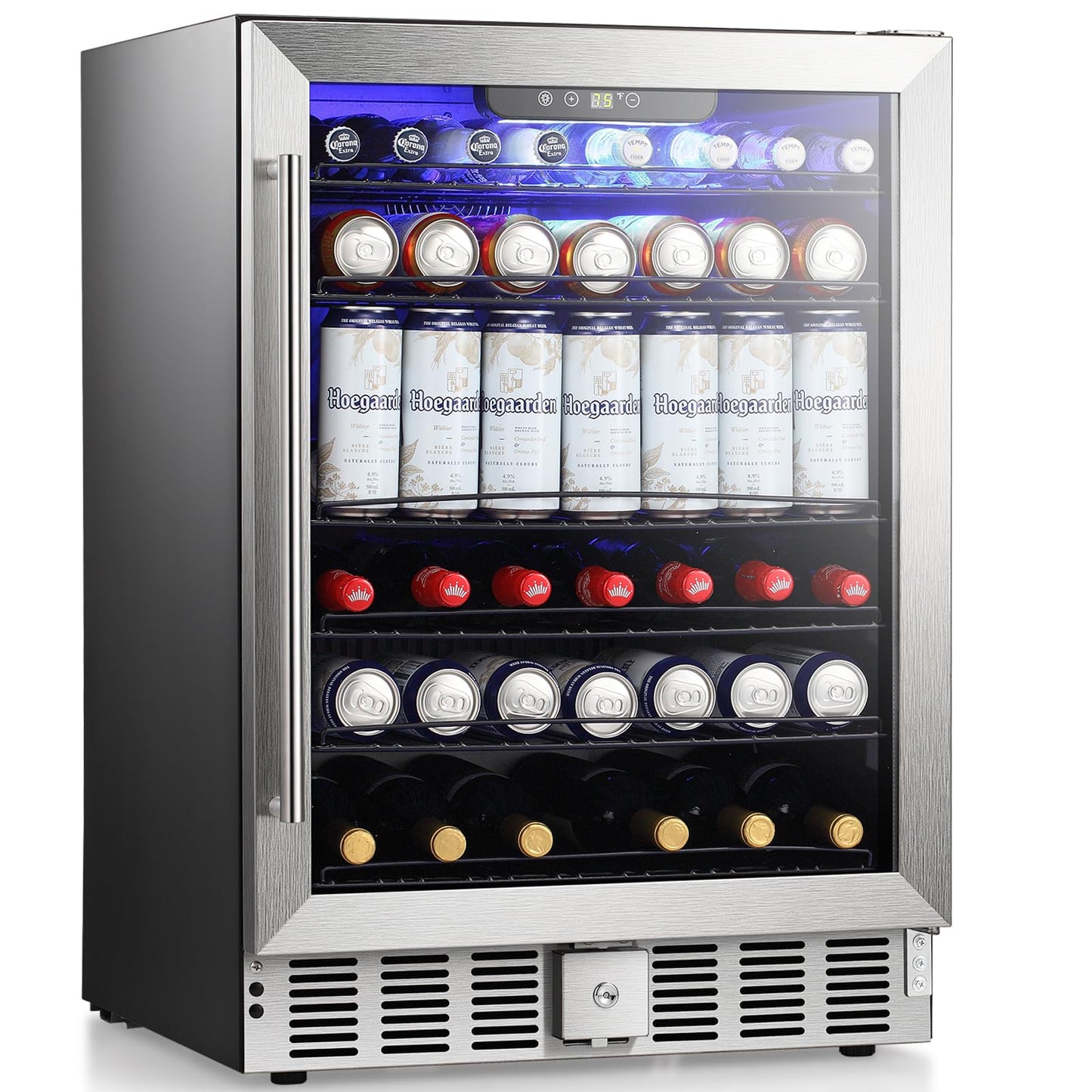 Antarctic Star 166 Can Beverage Refrigerator Cooler, 5.1 Cu.Ft Mini Fridge with Safety Lock, Beverage Cooler with Glass Door/LED Light/Adjustable Removable Shelves for Home/Office/Bar(Stainless Steel)