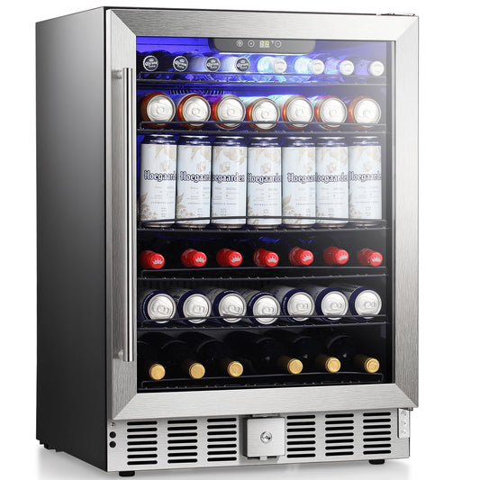 Antarctic Star 166 Can Beverage Refrigerator Cooler, 5.1 Cu.Ft Mini Fridge with Safety Lock, Beverage Cooler with Glass Door/LED Light/Adjustable Removable Shelves for Home/Office/Bar(Stainless Steel)