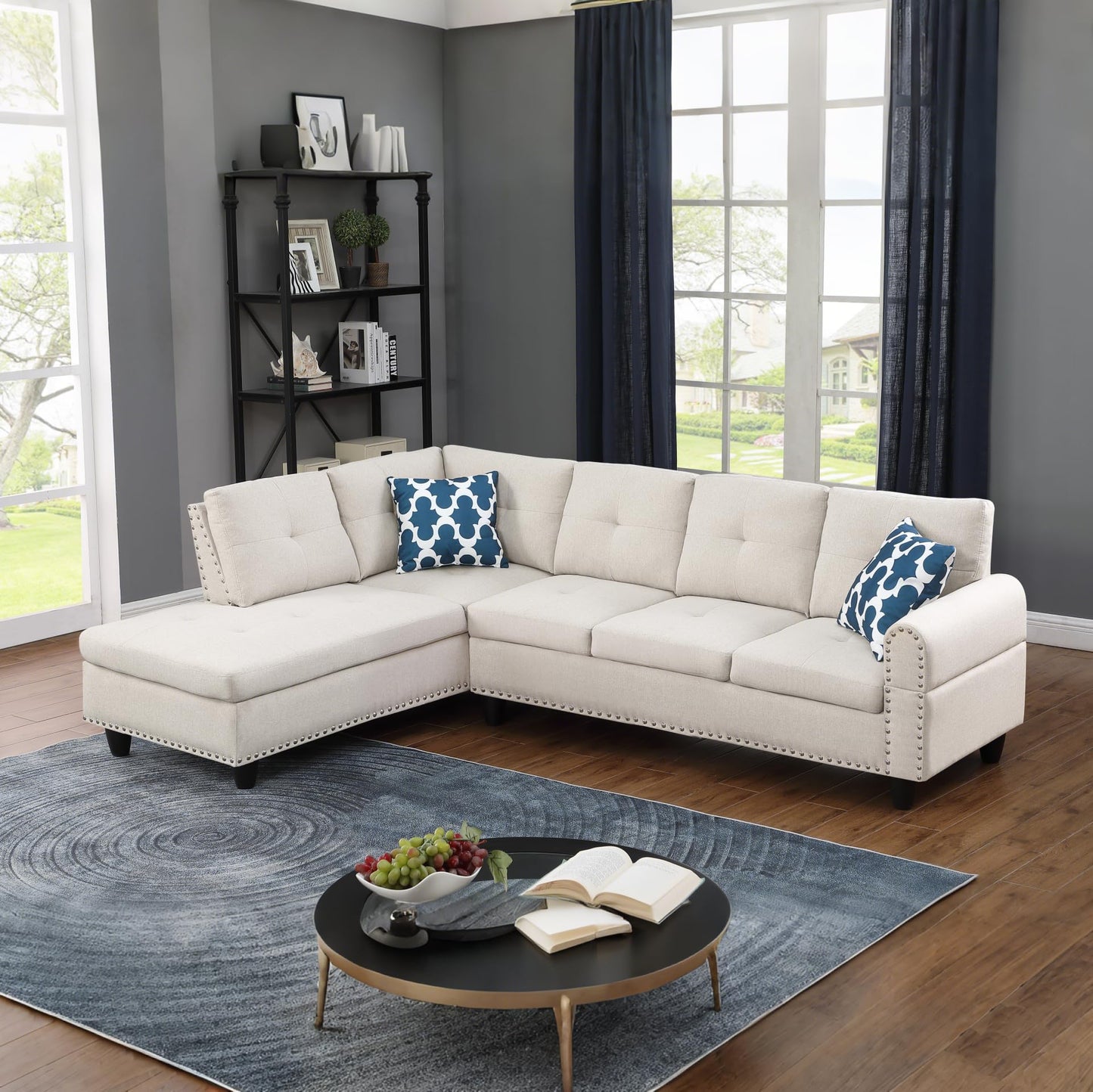 Ball & Cast 98" L Shaped Sectional Couch with Left-Facing Chaise,Faux Leather Upholstered Modular Sectional Sofa with 2 Pillows and Cup Holders,5 Seater Comfy Sofa,Nailhead Trim Design,Black