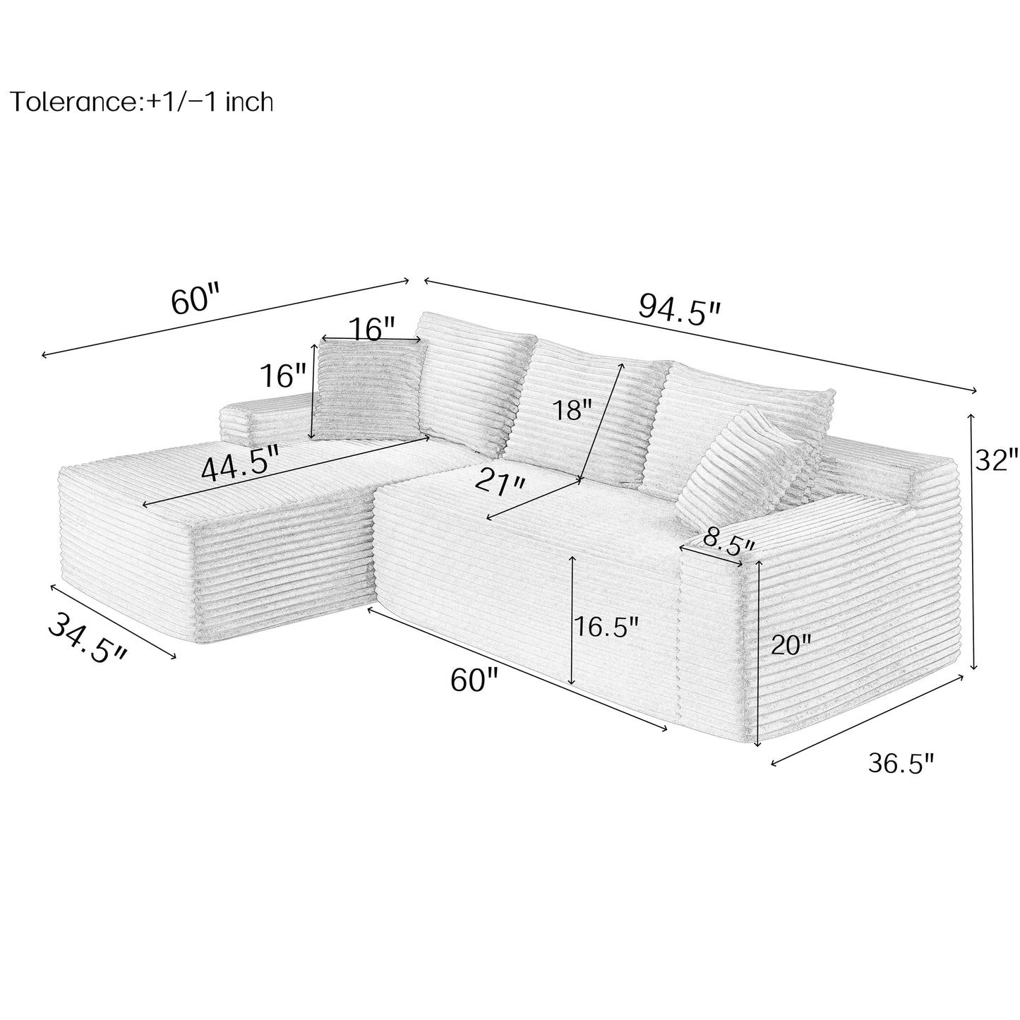 95" L-Shaped Cloud Sectional Couch, Left Facing Modular Compressed Boneless Sectional Sofa with Chaise Lounge, Plush Corduroy Boneless Corner Sofa for Living Room