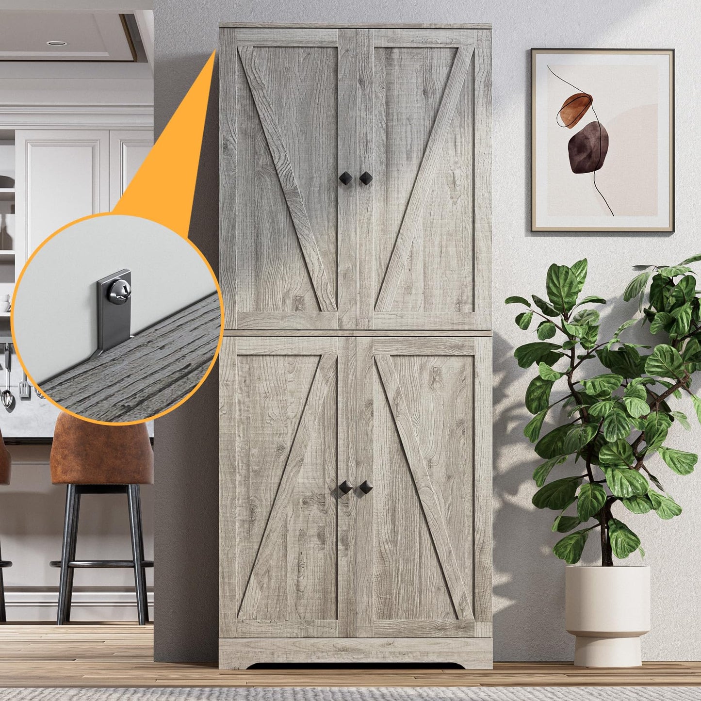 LYNSOM Farmhouse Storage Cabinet 72" Tall, Kitchen Pantry Cabinet with 4 Barn Doors and Adjustable Shelves, Freestanding Storage Cabinets for Kitchen, Grey