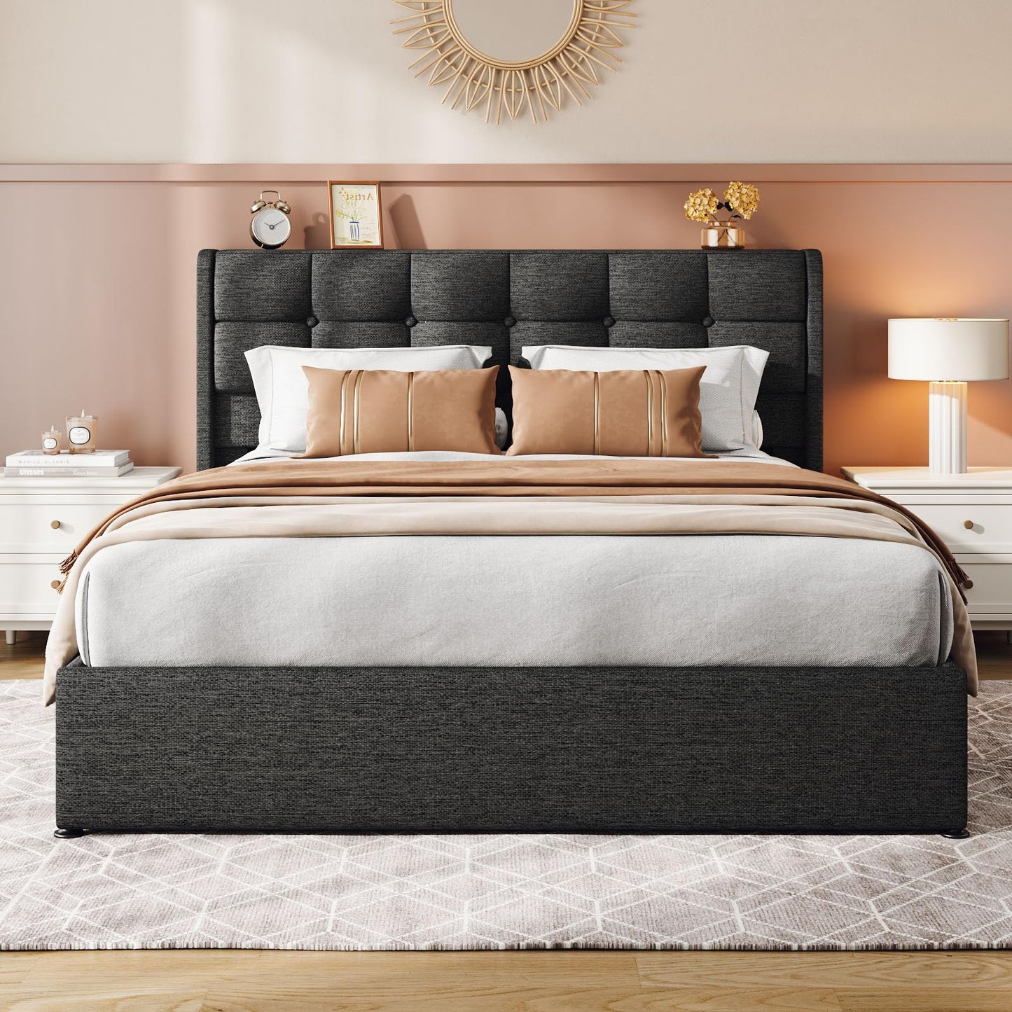 Vinabilia Lift Up Queen Size Bed Frame with Storage, Upholstered Queen Bed Frame with Wingback Headboard, No Box Spring Needed, Easy Assembly - Dark Grey