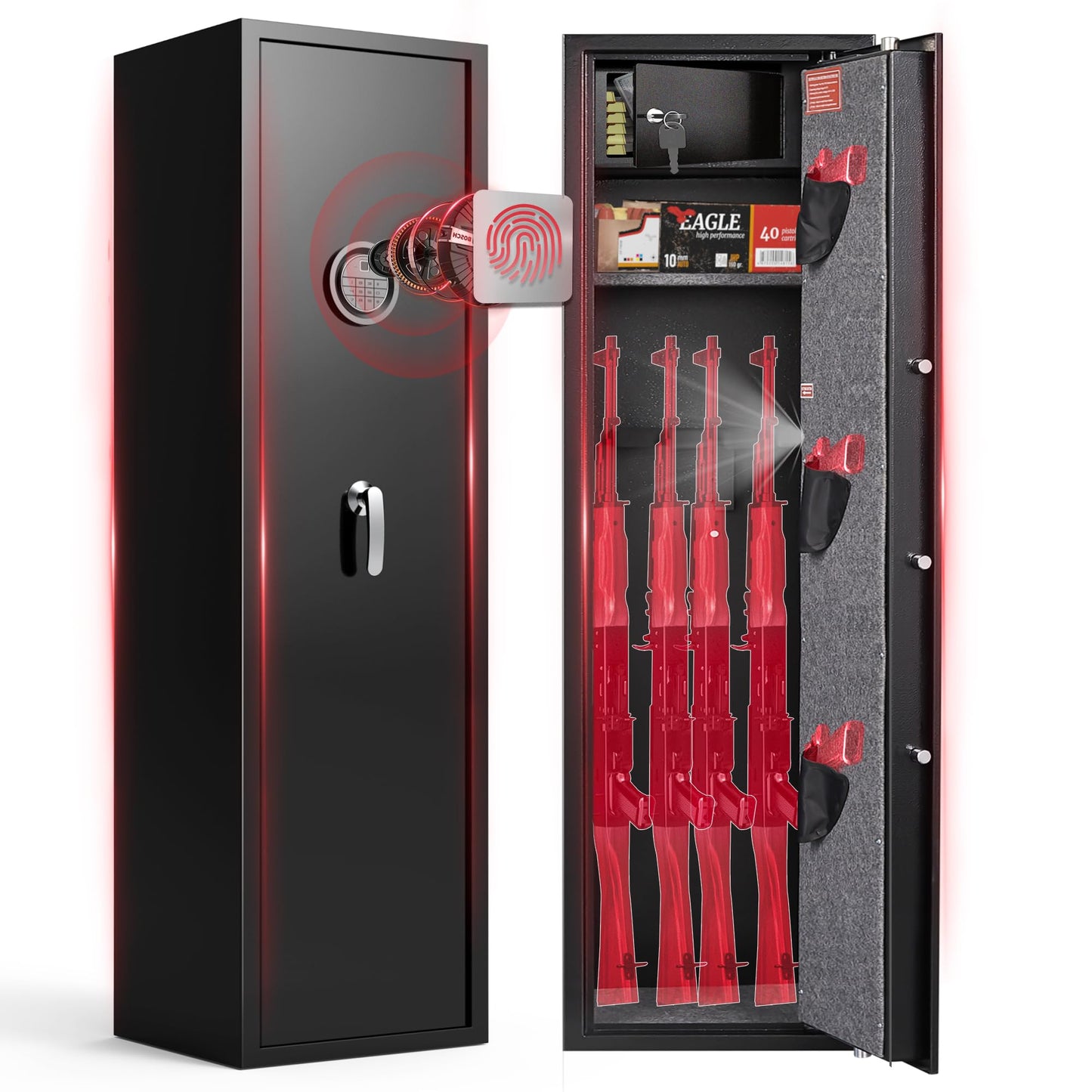 Marcree Biometric Fingerprint Gun Safe for Rifles, 8-10 Gun Cabinet with Key Inner Cabinet, Fingerprint & Digital Keypad Rifle Cabinet, Gun Safe for Rifles and Pistols, Pistol Pocket, Silent Mode