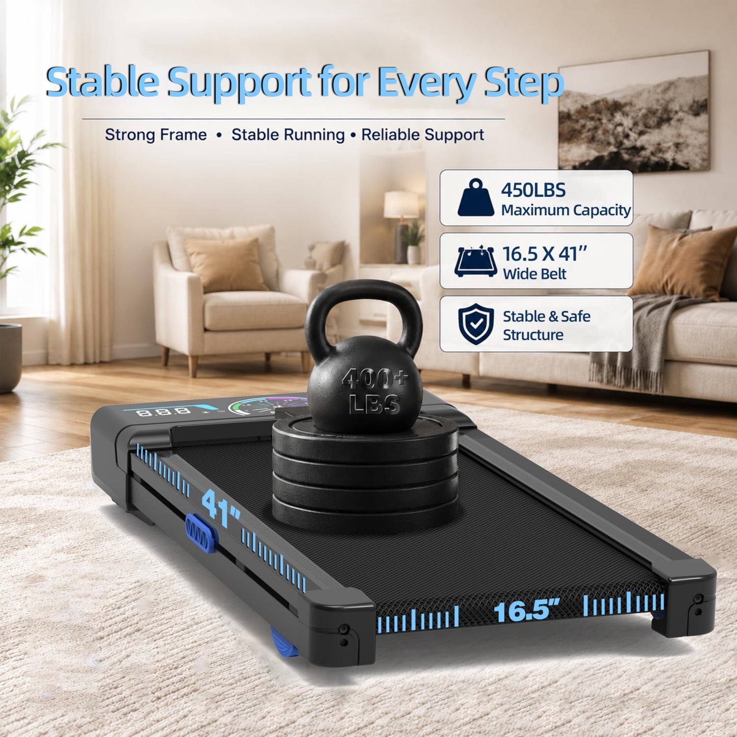 TRAILVIBER Walking Pad with 12% 9-Level Auto Incline, Smart App No Subscription, 450lbs Capacity, RGB LED Screen, Bluetooth Speaker, Compact Portable Under Desk Treadmill for Home Hiking, Blue