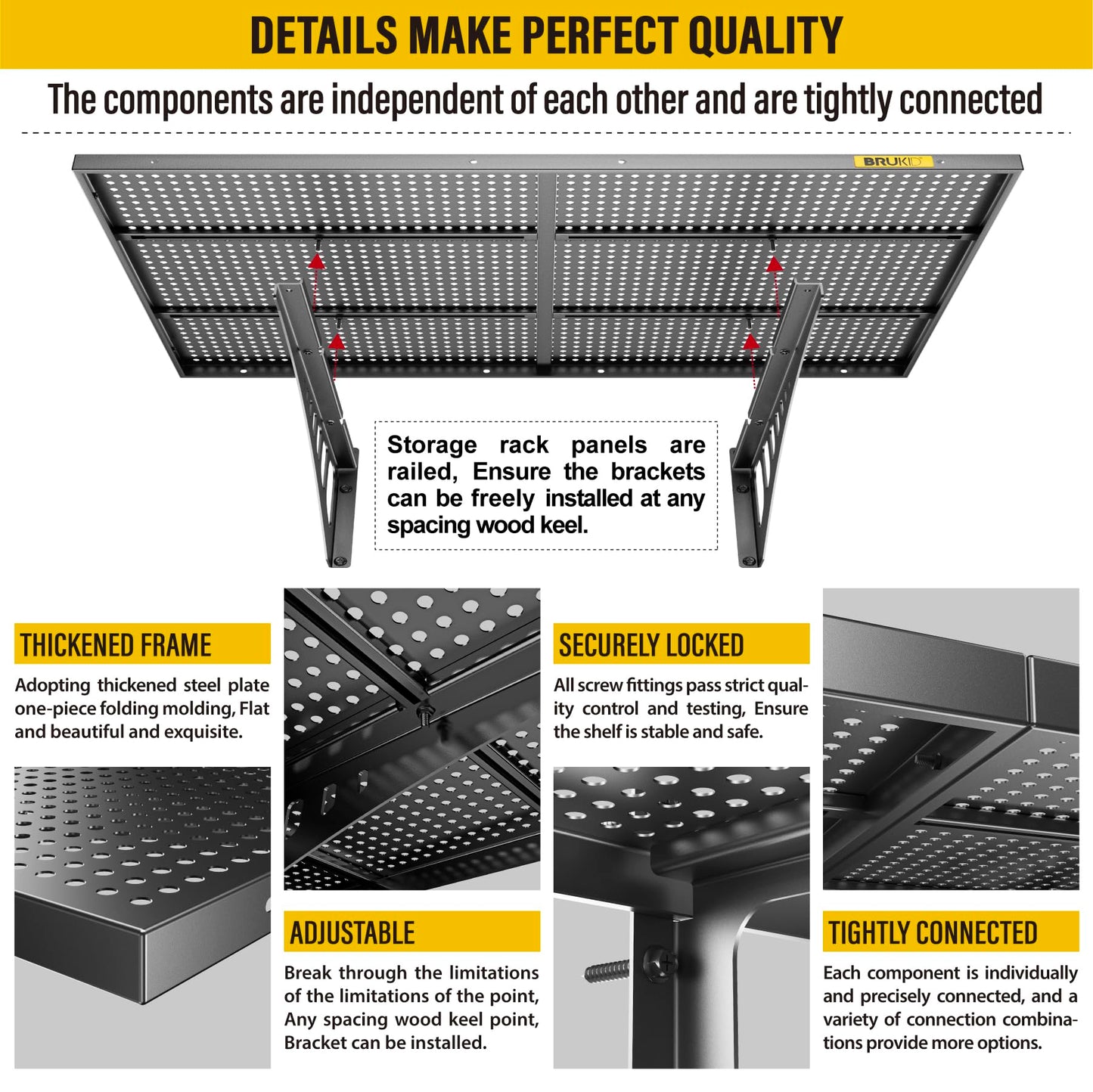 Brukid 4Pack 2x3ft Adjustable Metal Garage Wall Shelving Heavy Duty Garage Storage Shelf Wall Mounted Black