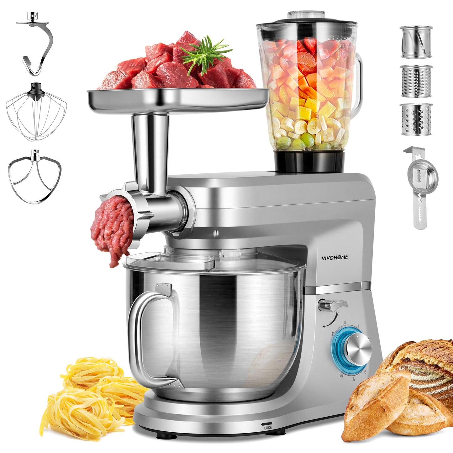 VIVOHOME 6-in-1 Stand Mixer, 8.5 Quart Electric Tilt-Head Kitchen Mixer with Bowl, Multifunctional Food Mixer for Cake, Bread, and Dough, with Meat Grinder, Blender, Pasta Maker Attachments, Silver