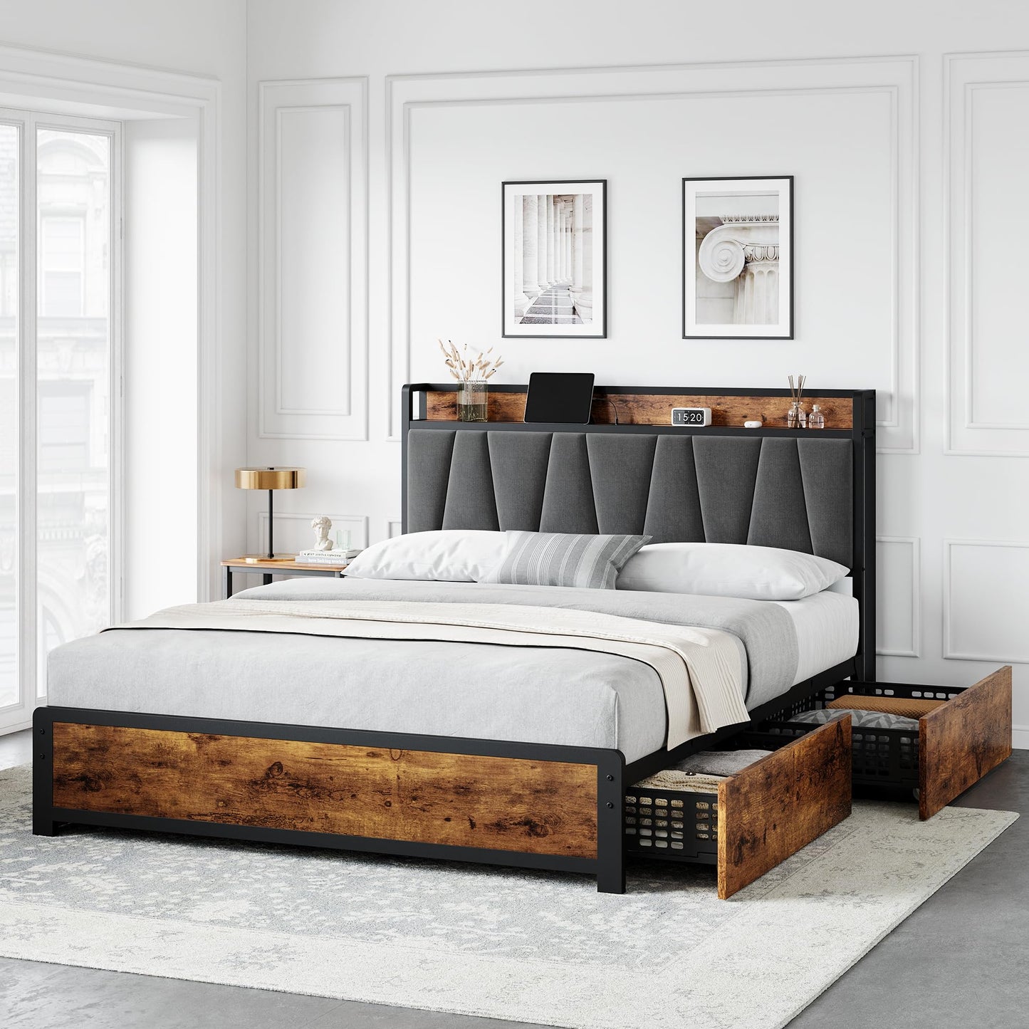 GarveeHome Full Size Bed Frame with Storage Linen Upholstered Headboard, 4 Drawers Platform Bed Frame with Charging Station, No Box Spring Needed, Easy Assembly, Rustic Brown