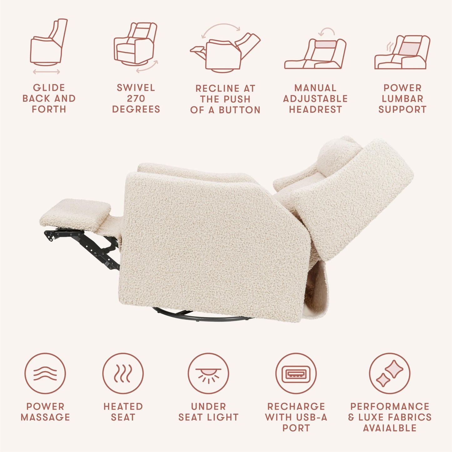 Babyletto Kiwi Deluxe Power Recliner and Swivel Glider with Heat and Massage in Almond Teddy Loop, Built-in USB Charging Port, Adjustable Headrest, Greenguard Gold, FSC and CertiPUR-US Certified