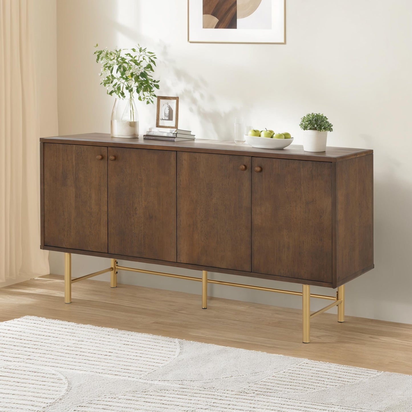 Christopher Knight Home Dodie Wooden Sideboard Cabinet, Large Sideboard Buffet Cabinet, Living Room Accent Storage Cabinet with Adjustable Shelves,Kitchen Cabinet Organizer for Coffee Bar,Walnut Brown