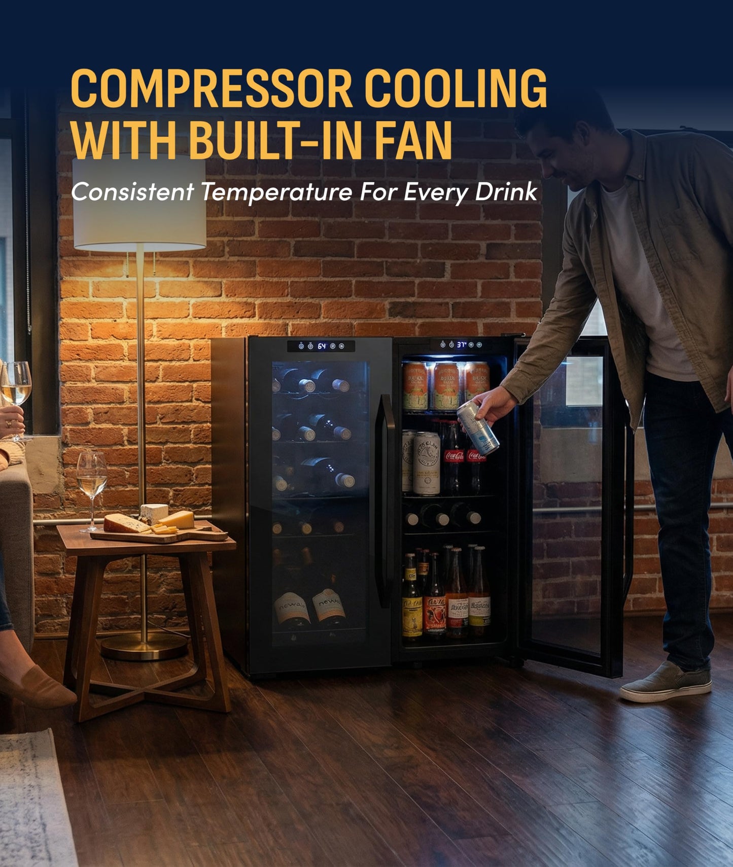 NewAir 27" Dual Zone Beverage Refrigerator & Wine Cooler for 18 Bottles & 59 Cans | Freestanding or Built-In Under Counter Mini Fridge for Beer, Wine and Soda | Black