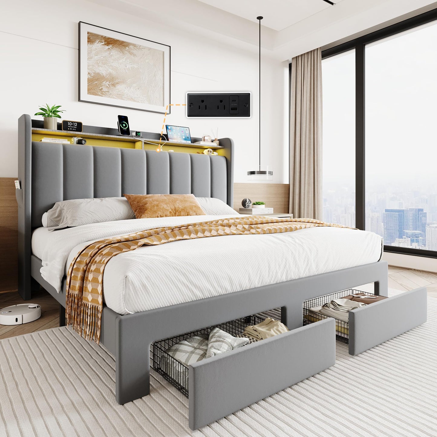 SHA CERLIN Velvet Queen Bed Frame with Vertical Channel Tufted Wingback Headboard & 2 Storage Drawers/2-Tier Shelves with LED Lights & Charging Station/Noise-Free/No Box Spring Needed/Light Grey