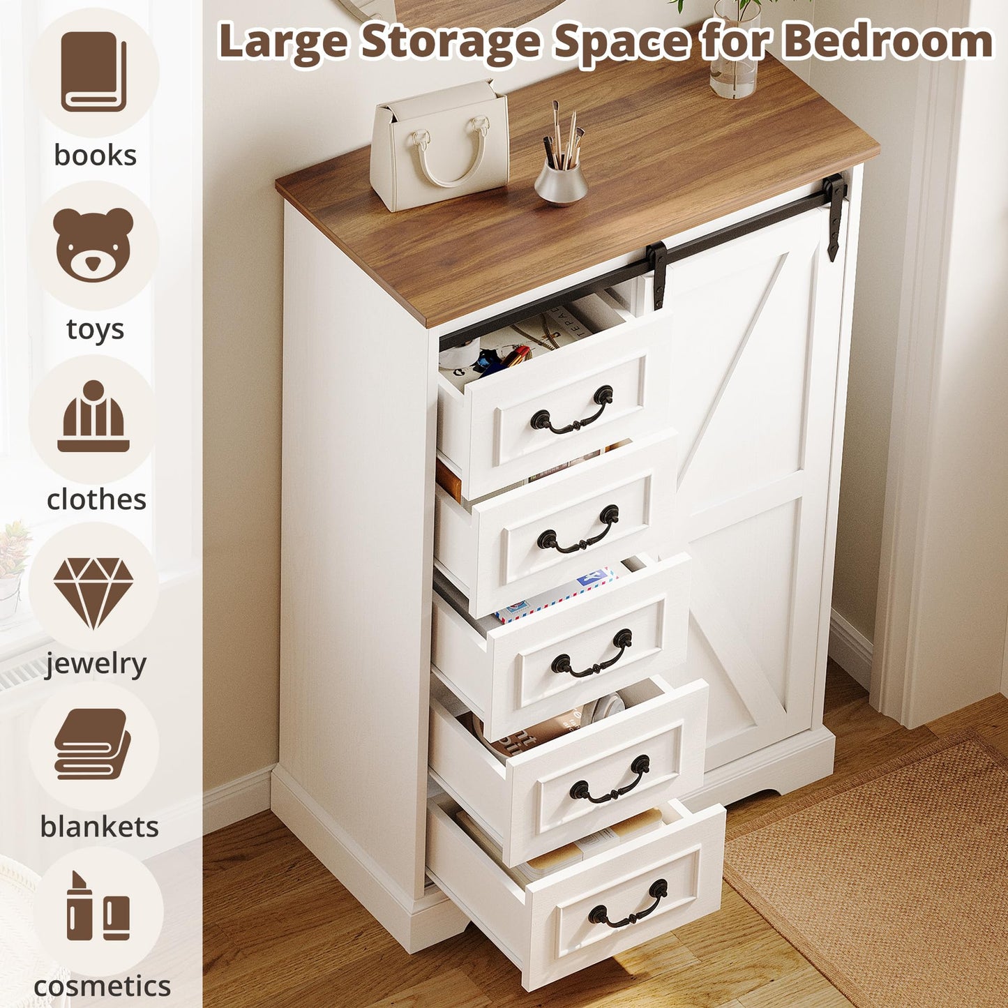 IRONCK 5 Drawers Dressers for Bedroom, Farmhouse Dresser Chest of Drawer with Sliding Barn Door,48” Tall Dresser Storage Organizer for Living Room, Entryway, White/Walnut