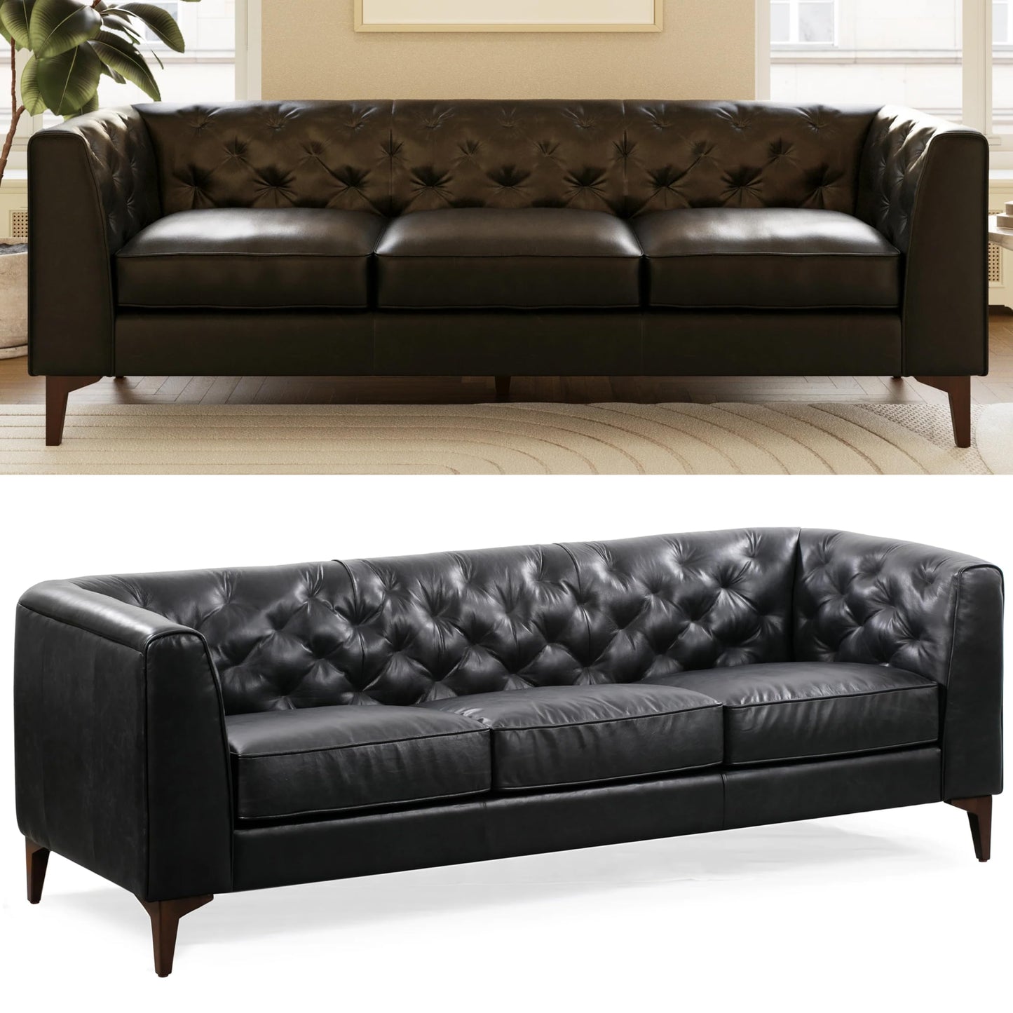 POLY & BARK Essex 89” Full-Grain Italian Leather Sofa – Tufted Back, Feather-Down Comfort, Solid Wood Frame, Onyx Black
