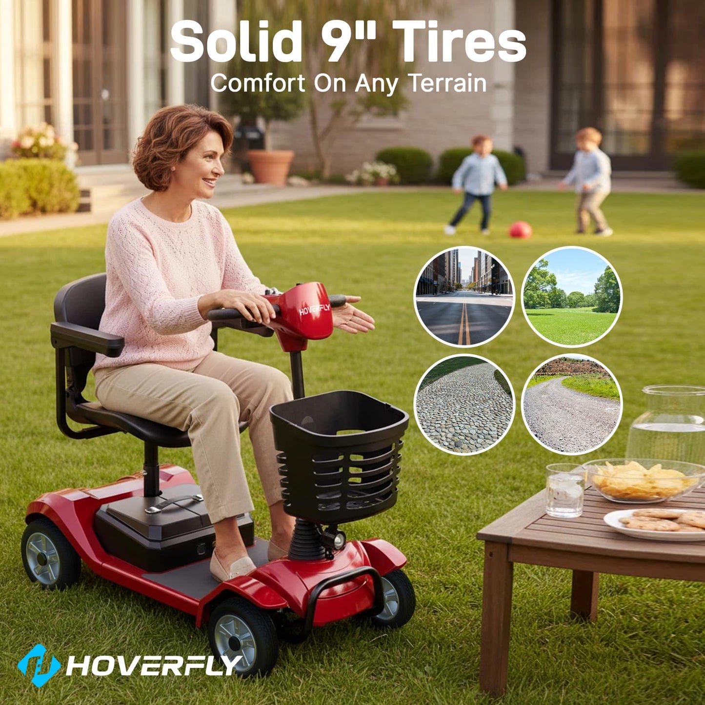 Hoverfly T4 Mobility Scooter for Seniors, Max 12.4-Mile Range & 3.7 mph, 3-Position Seat & Anti-slip Rear Wheel, Removed Battery&Quick Fold Design, Solid 9" Tire &330 lb Capacity, Ease of Assembly Red