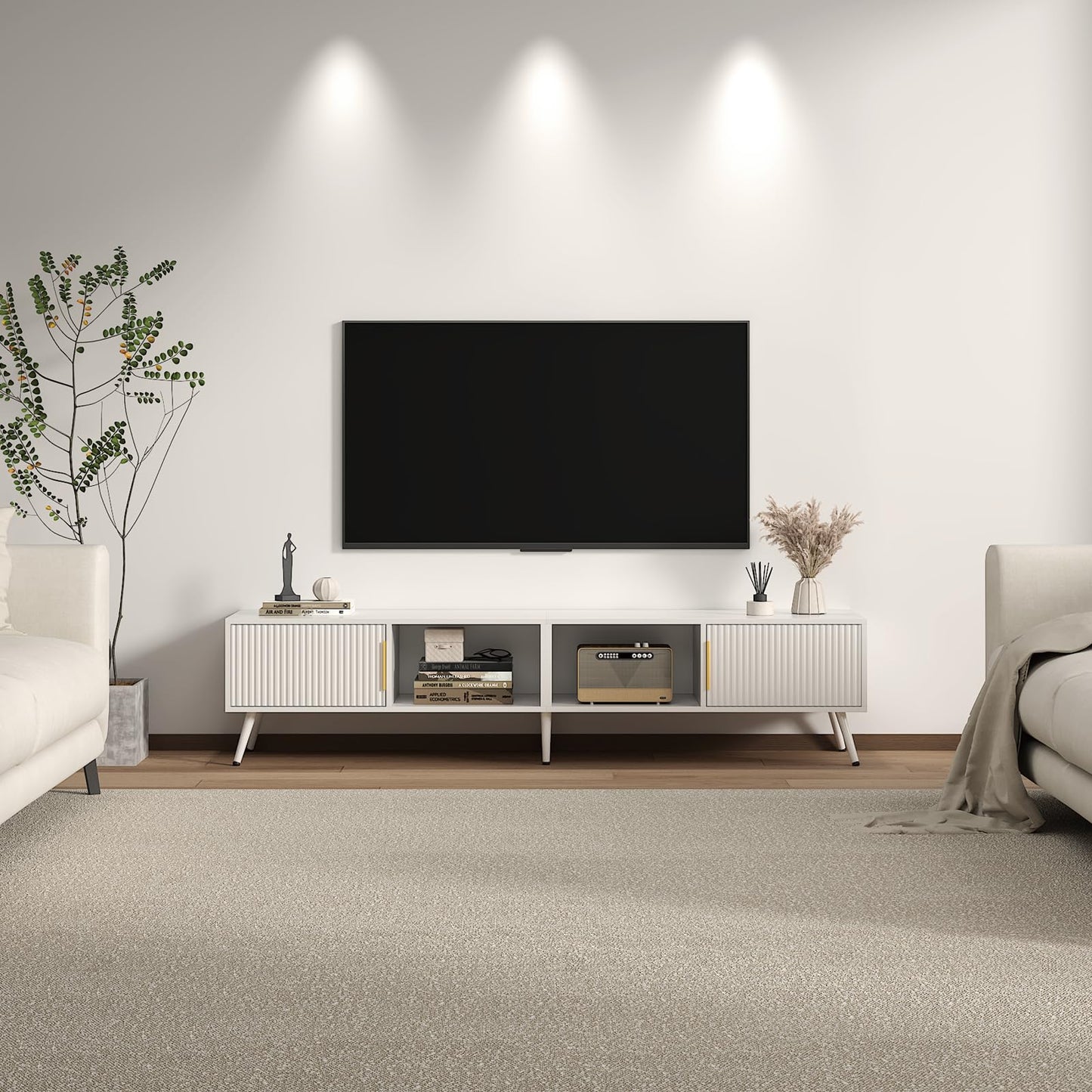 HedoAjim Fluted TV Stand for 55 65 70 75 78 inch TV, Modern Chic Entertainment Center for TVs, Entertainment Center with Storage, Television Stands, TV Media Console for Bedroom, Living Room (White)